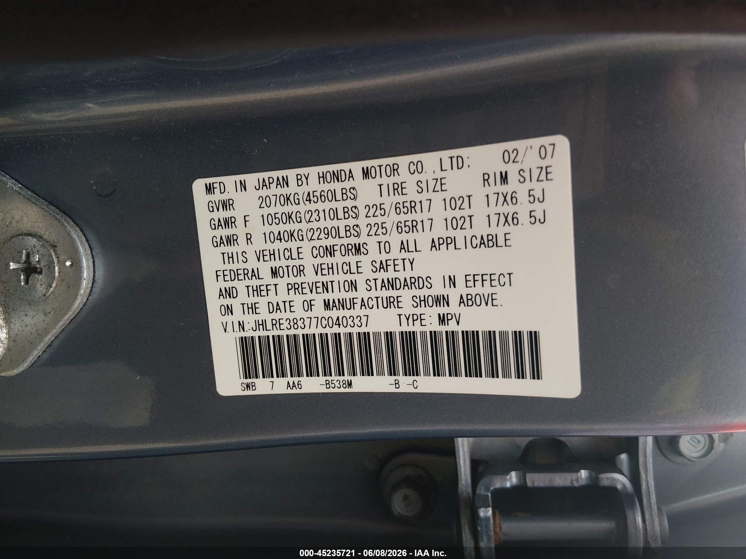 2007 Honda Cr-v Lx Light Blue vin: JHLRE38377C040337