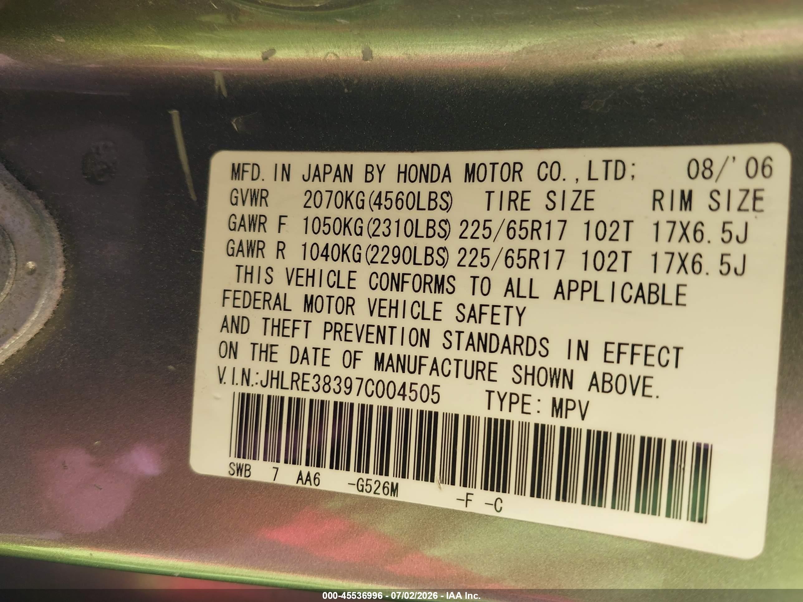 2007 Honda Cr-v Lx Green vin: JHLRE38397C004505