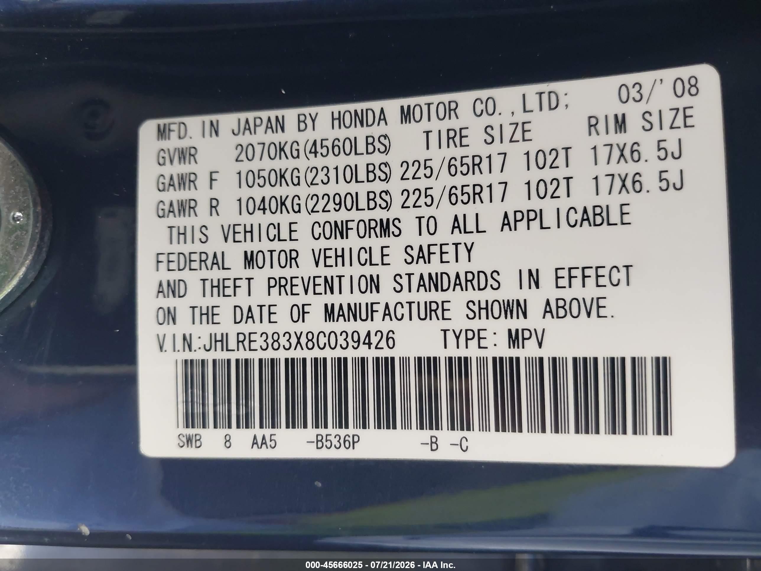 2008 Honda Cr-v Lx Dark Blue vin: JHLRE383X8C039426