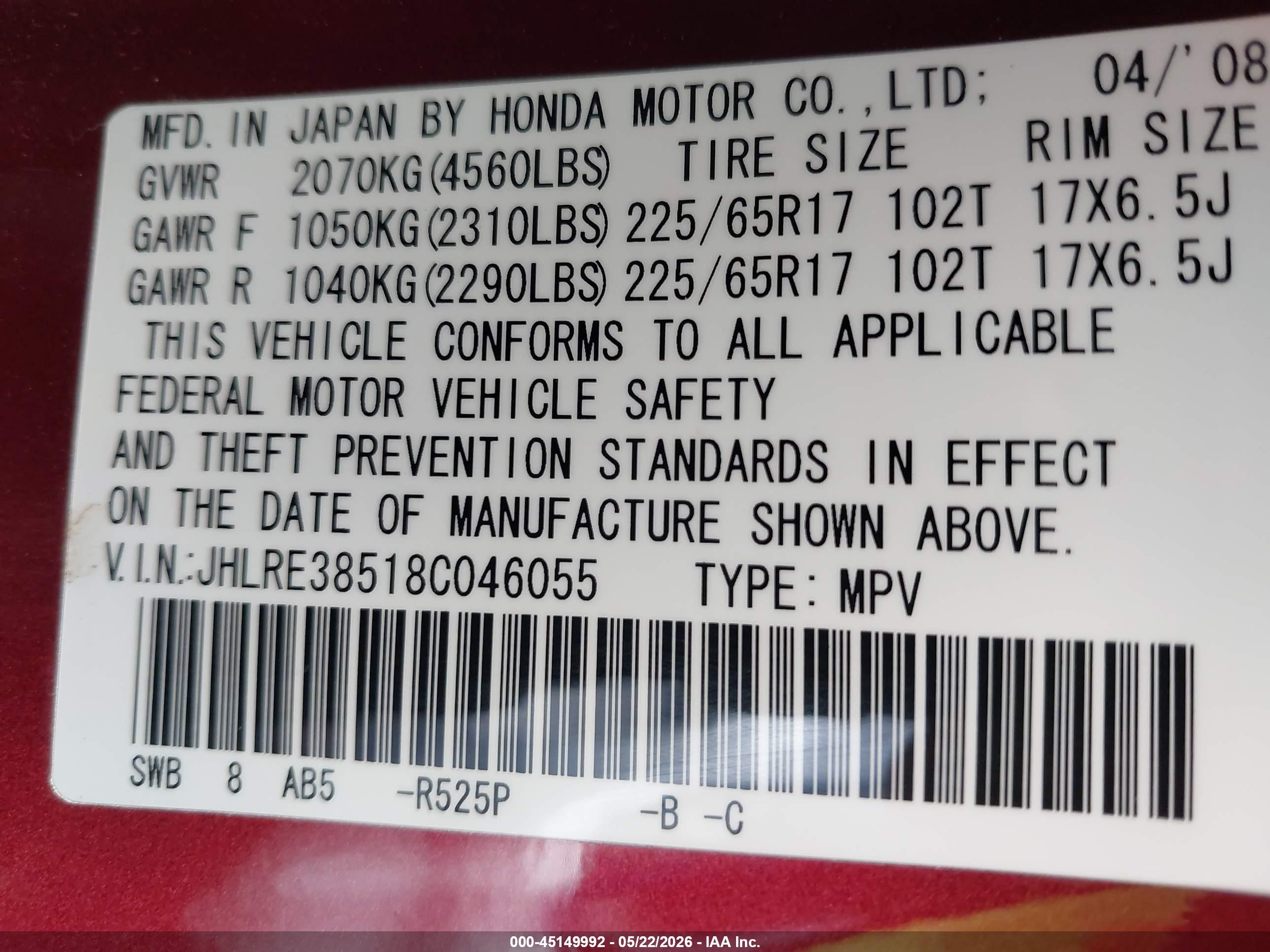 2008 Honda Cr-v Ex Red vin: JHLRE38518C046055