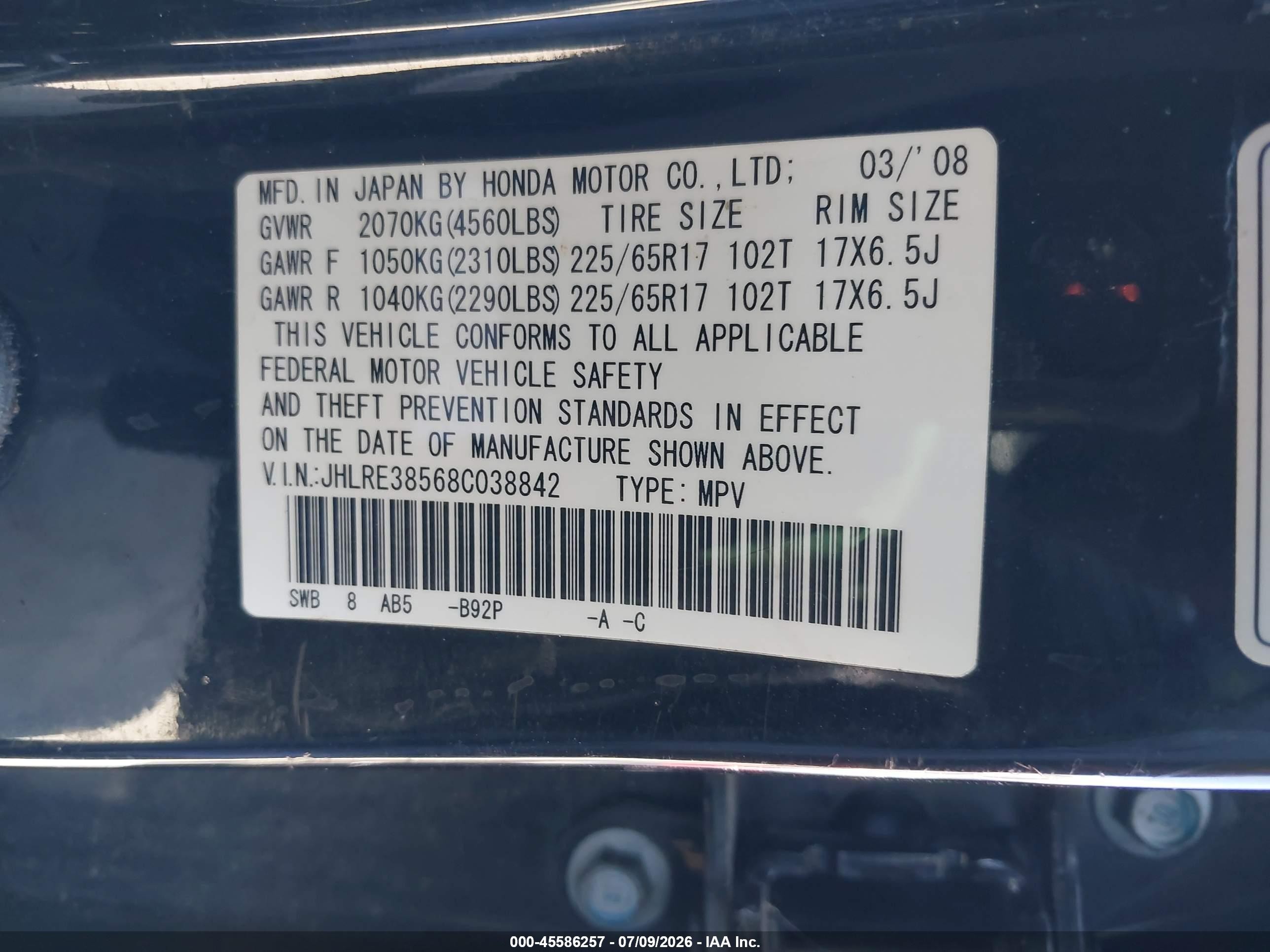 2008 Honda Cr-v Ex Black vin: JHLRE38568C038842