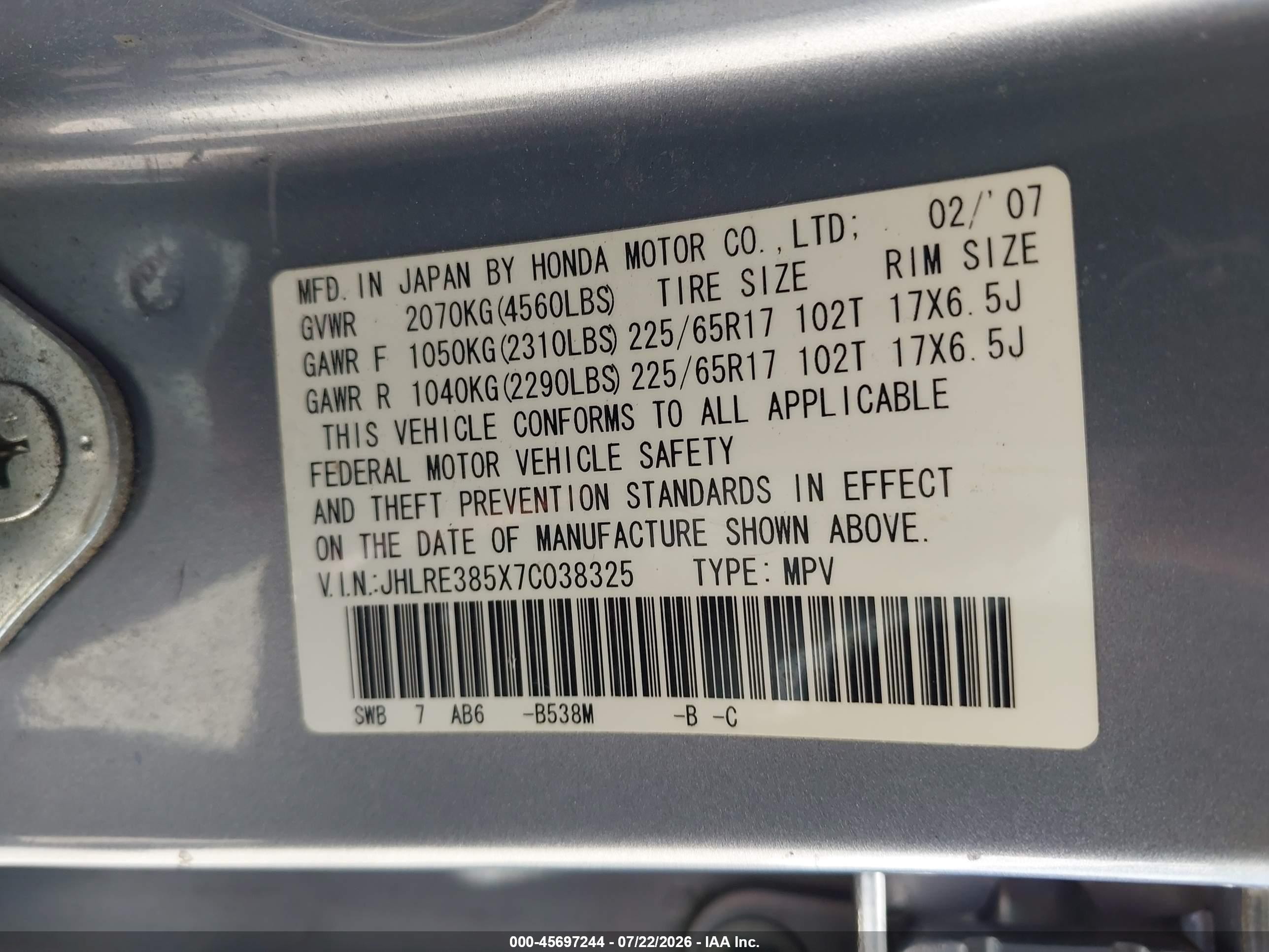 2007 Honda Cr-v Ex Silver vin: JHLRE385X7C038325