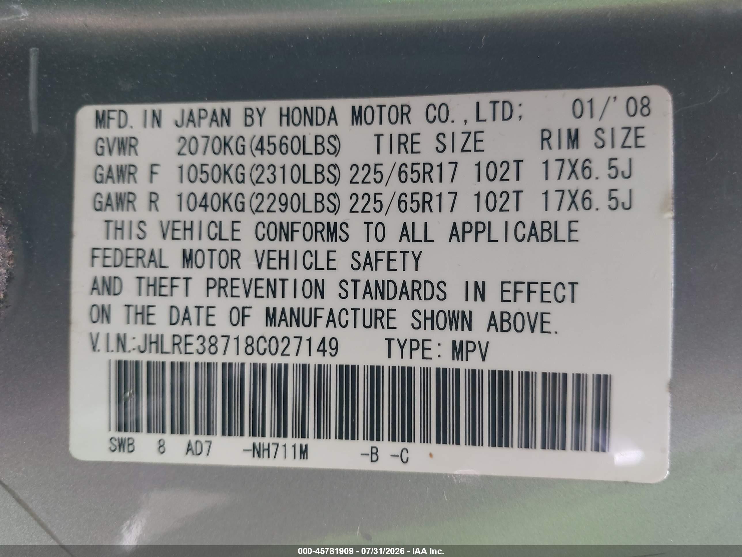 2008 Honda Cr-v Ex-l Silver vin: JHLRE38718C027149