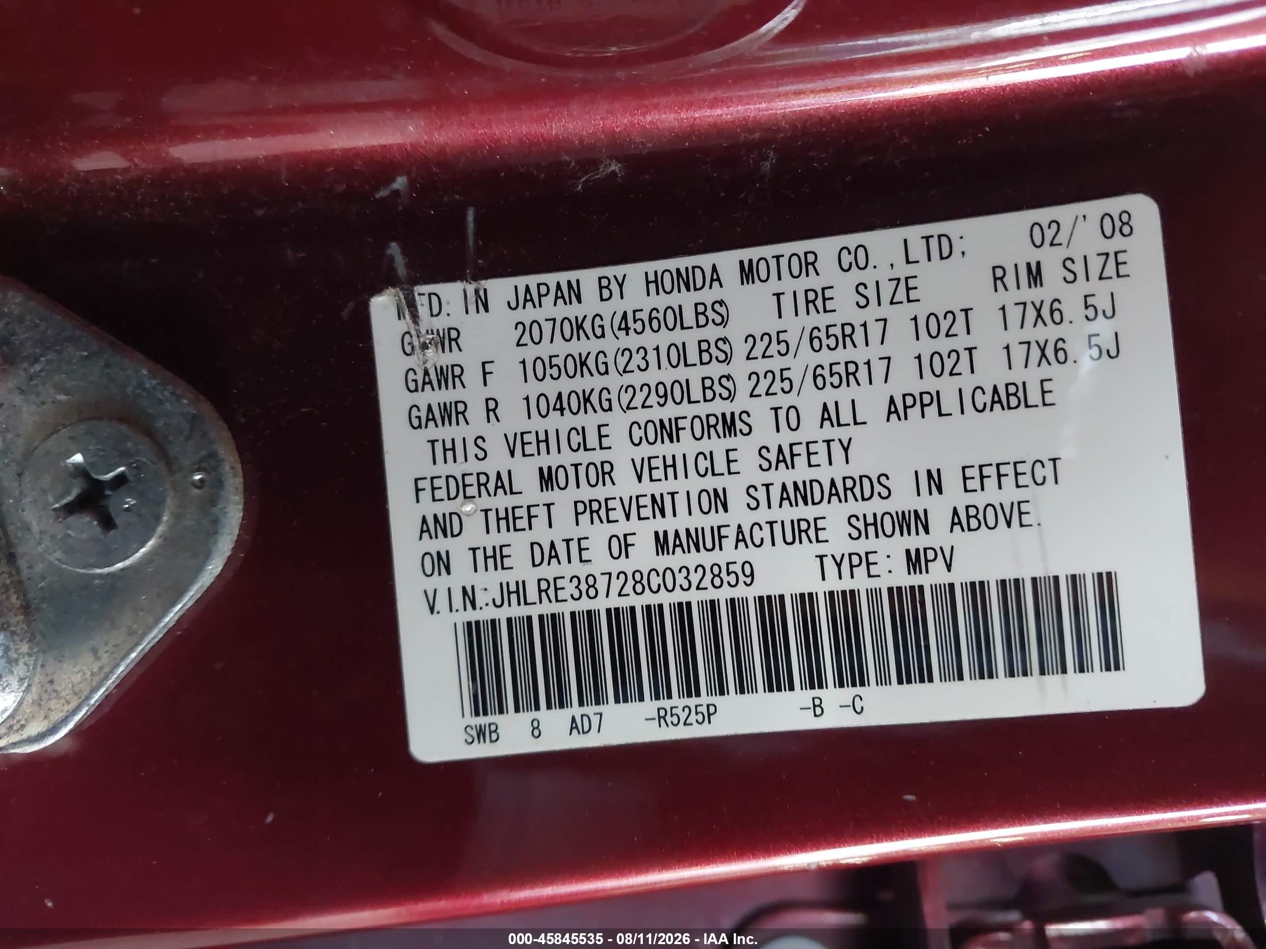 2008 Honda Cr-v Ex-l Burgundy vin: JHLRE38728C032859