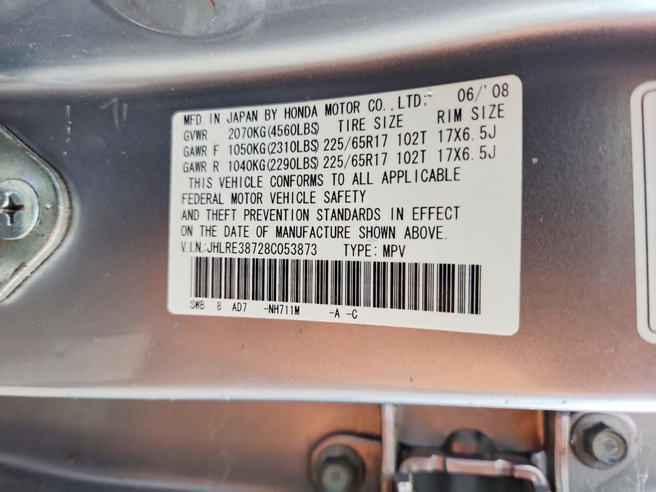 2008 Honda Cr-v Exl Silver vin: JHLRE38728C053873