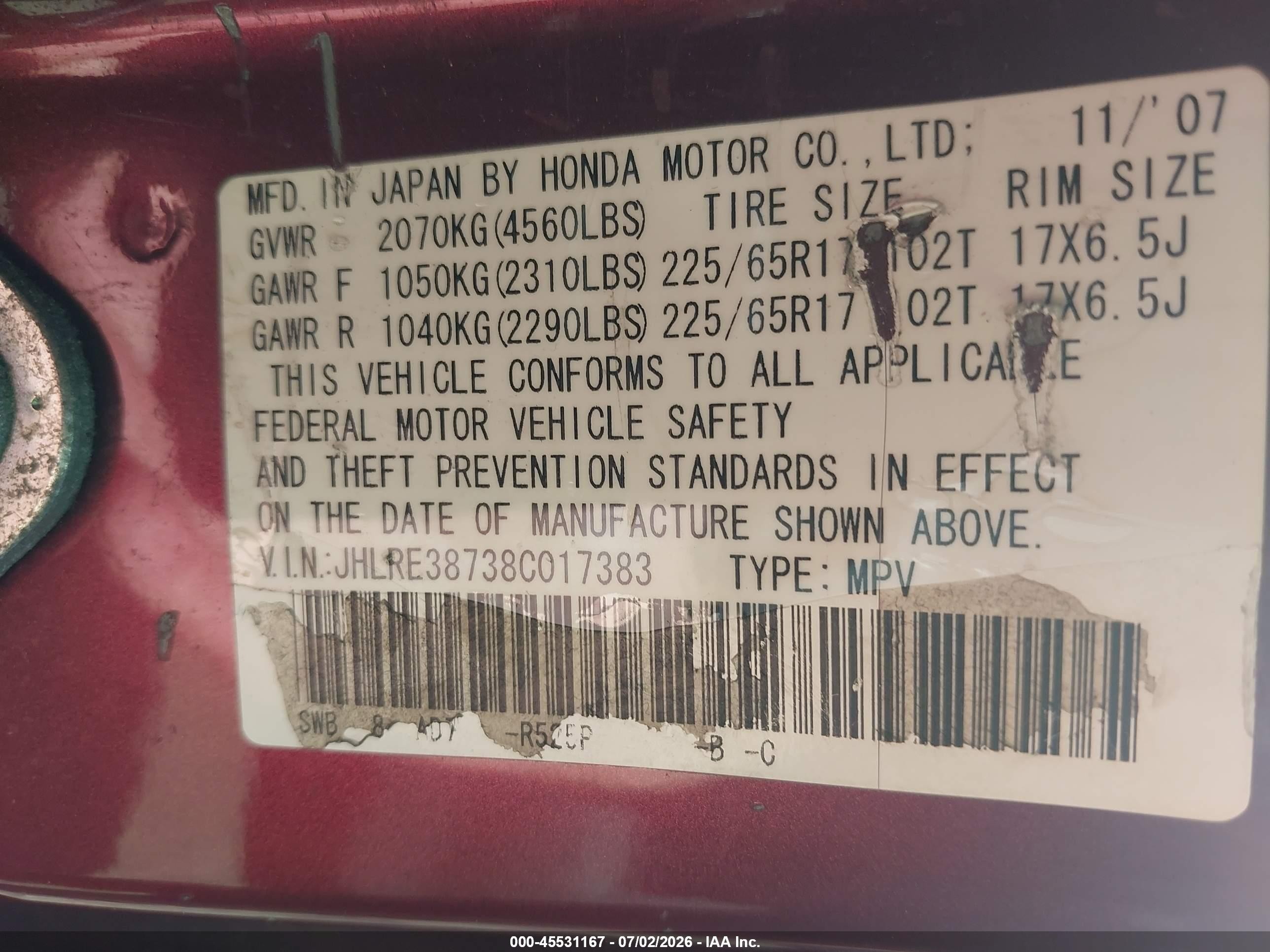 2008 Honda Cr-v Ex-l Maroon vin: JHLRE38738C017383