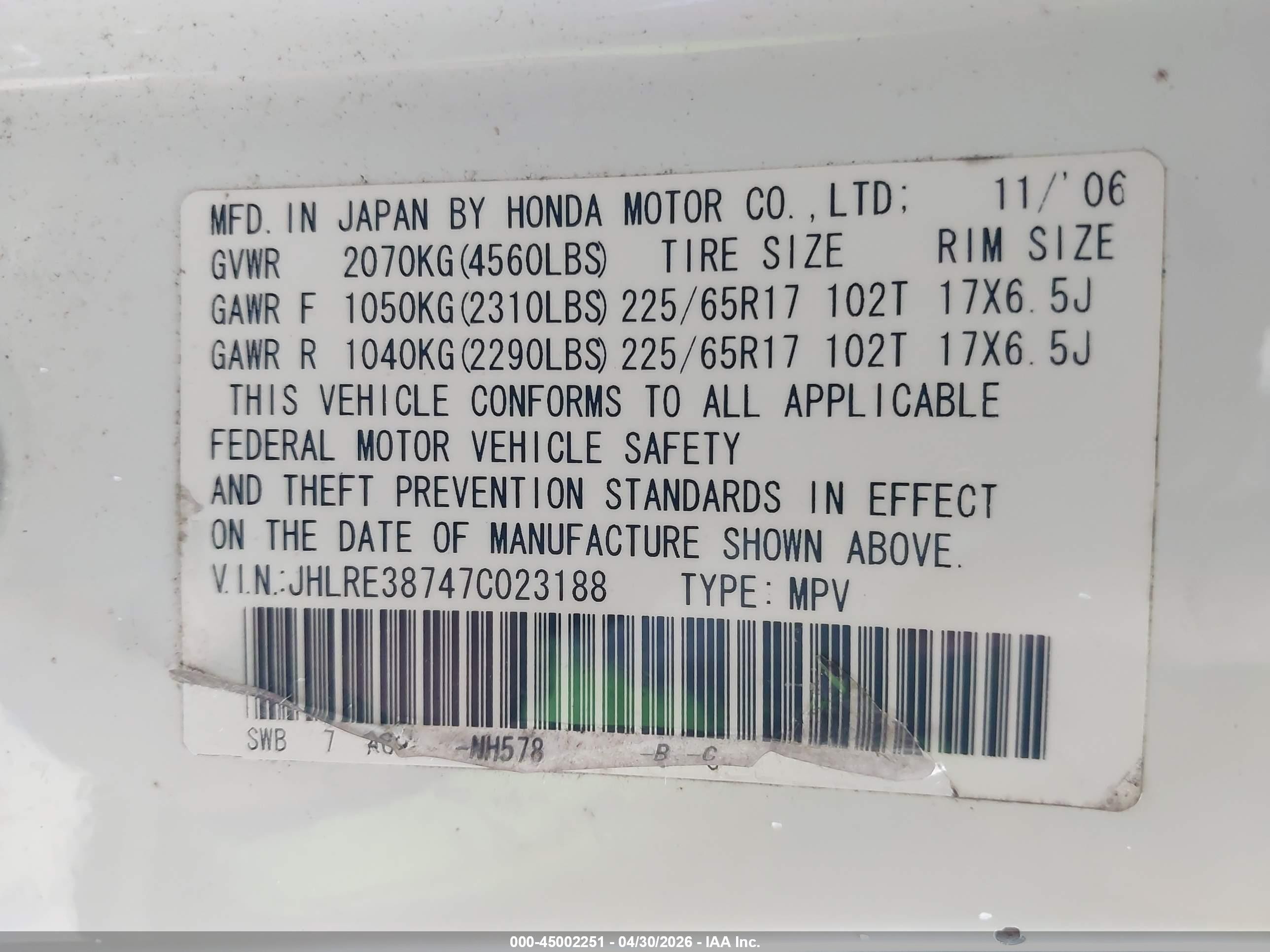 2007 Honda Cr-v Ex-l White vin: JHLRE38747C023188