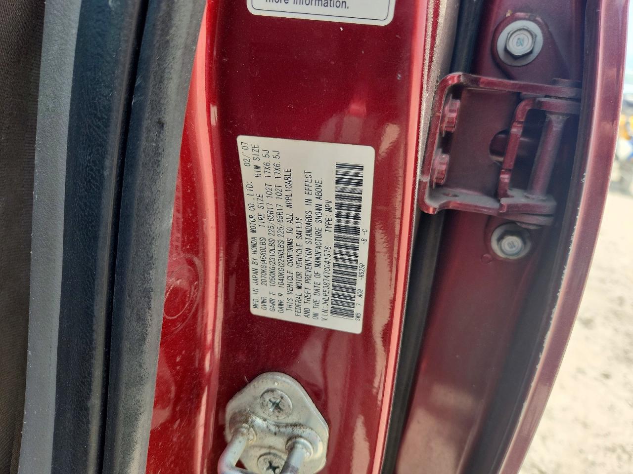 2007 Honda Cr-v Exl Red vin: JHLRE38747C041576