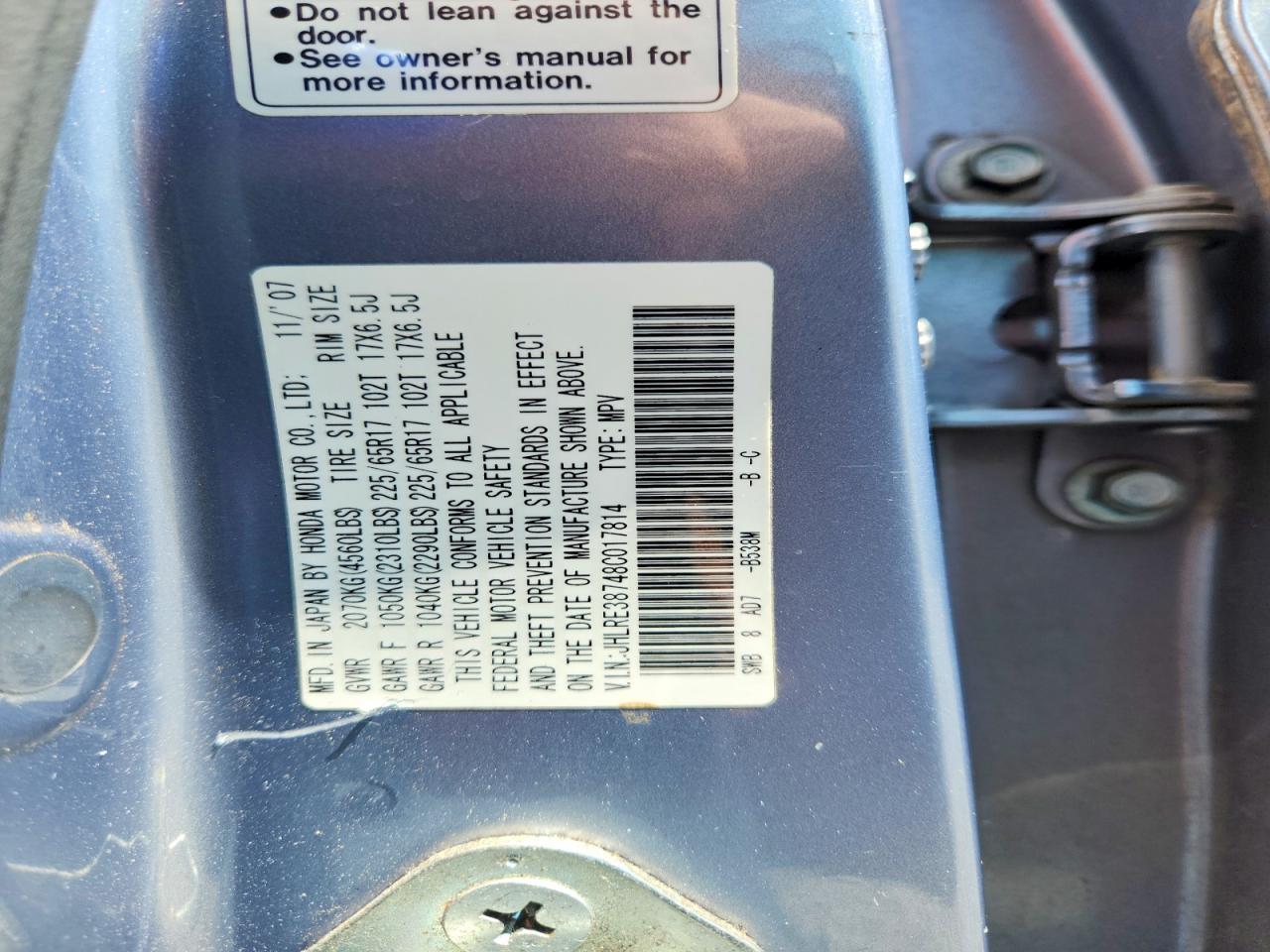 2008 Honda Cr-v Exl Blue vin: JHLRE38748C017814