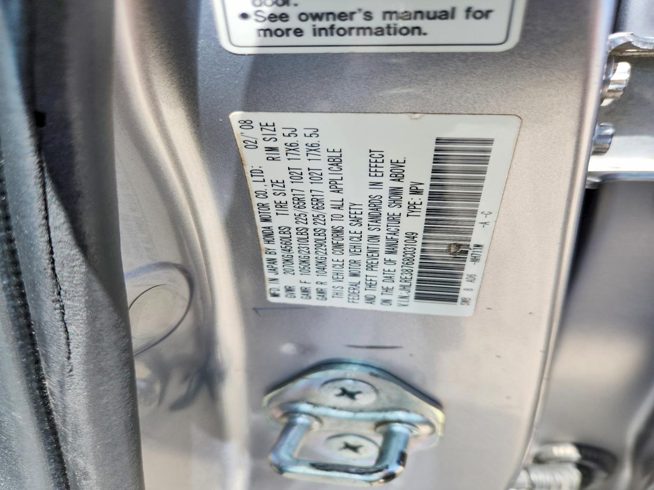 2008 Honda Cr-v Exl Silver vin: JHLRE38768C031049