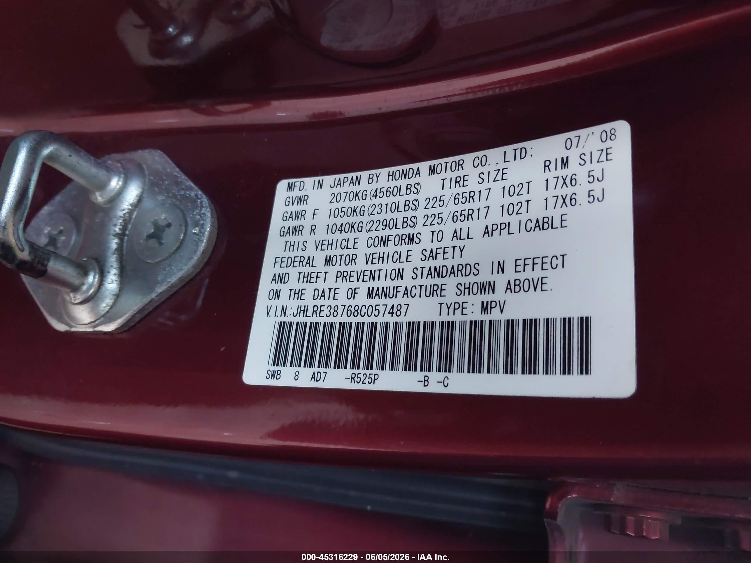 2008 Honda Cr-v Ex-l Burgundy vin: JHLRE38768C057487