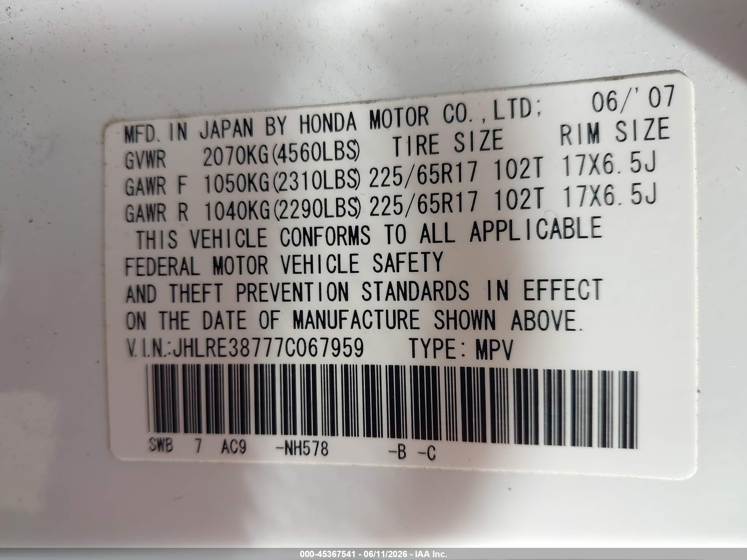 2007 Honda Cr-v Ex-l White vin: JHLRE38777C067959