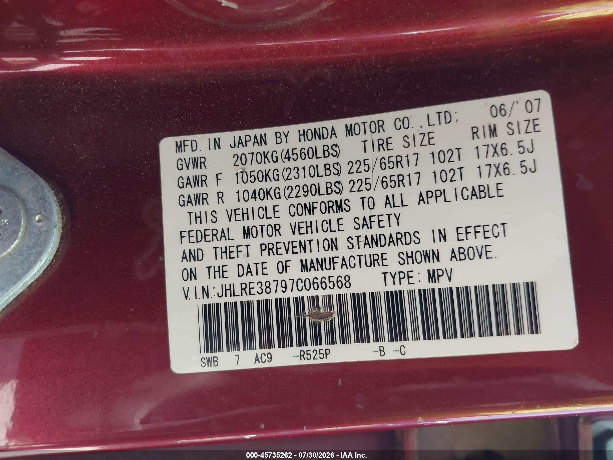 2007 Honda Cr-v Ex-l Red vin: JHLRE38797C066568