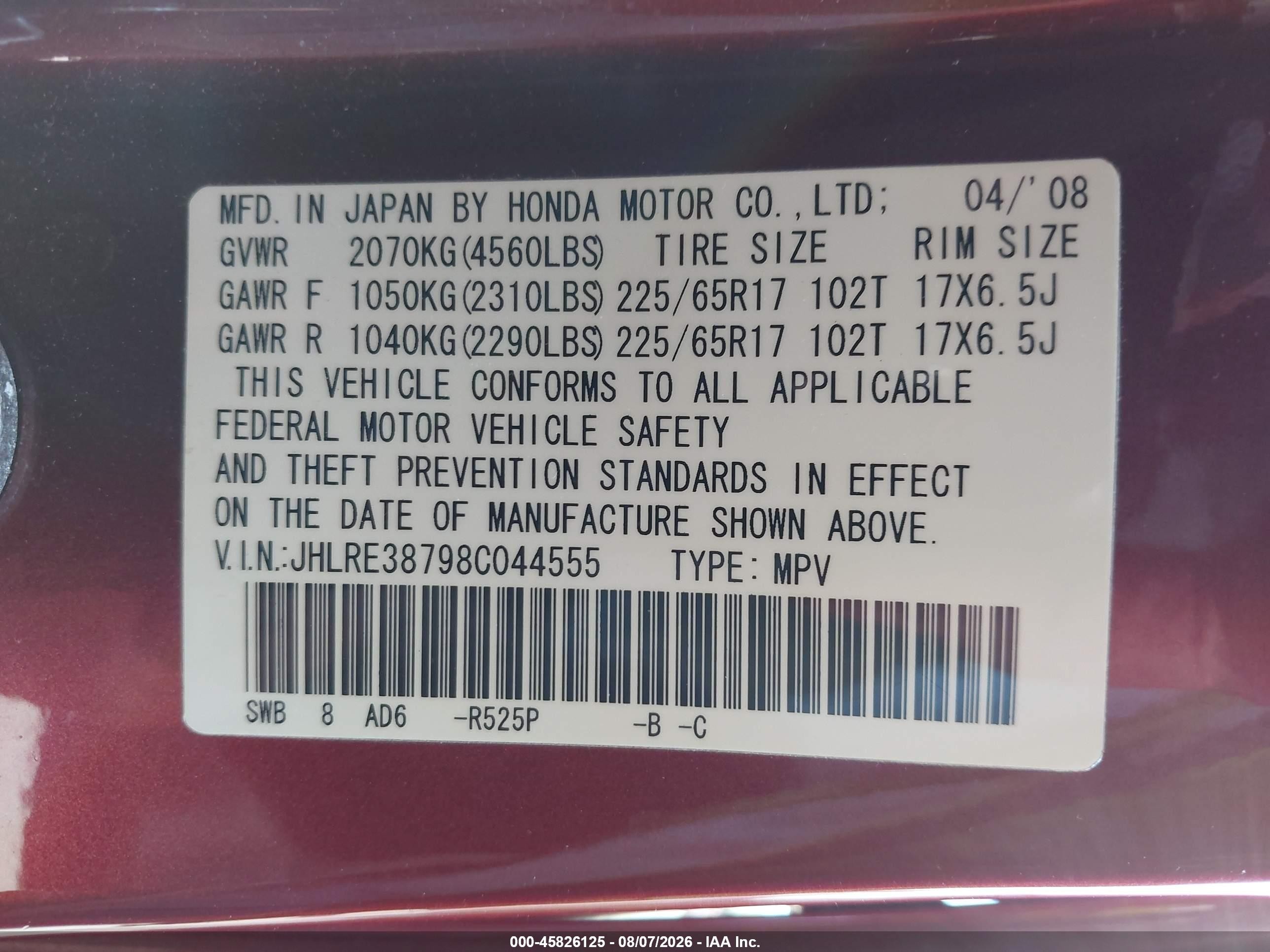 2008 Honda Cr-v Ex-l Burgundy vin: JHLRE38798C044555