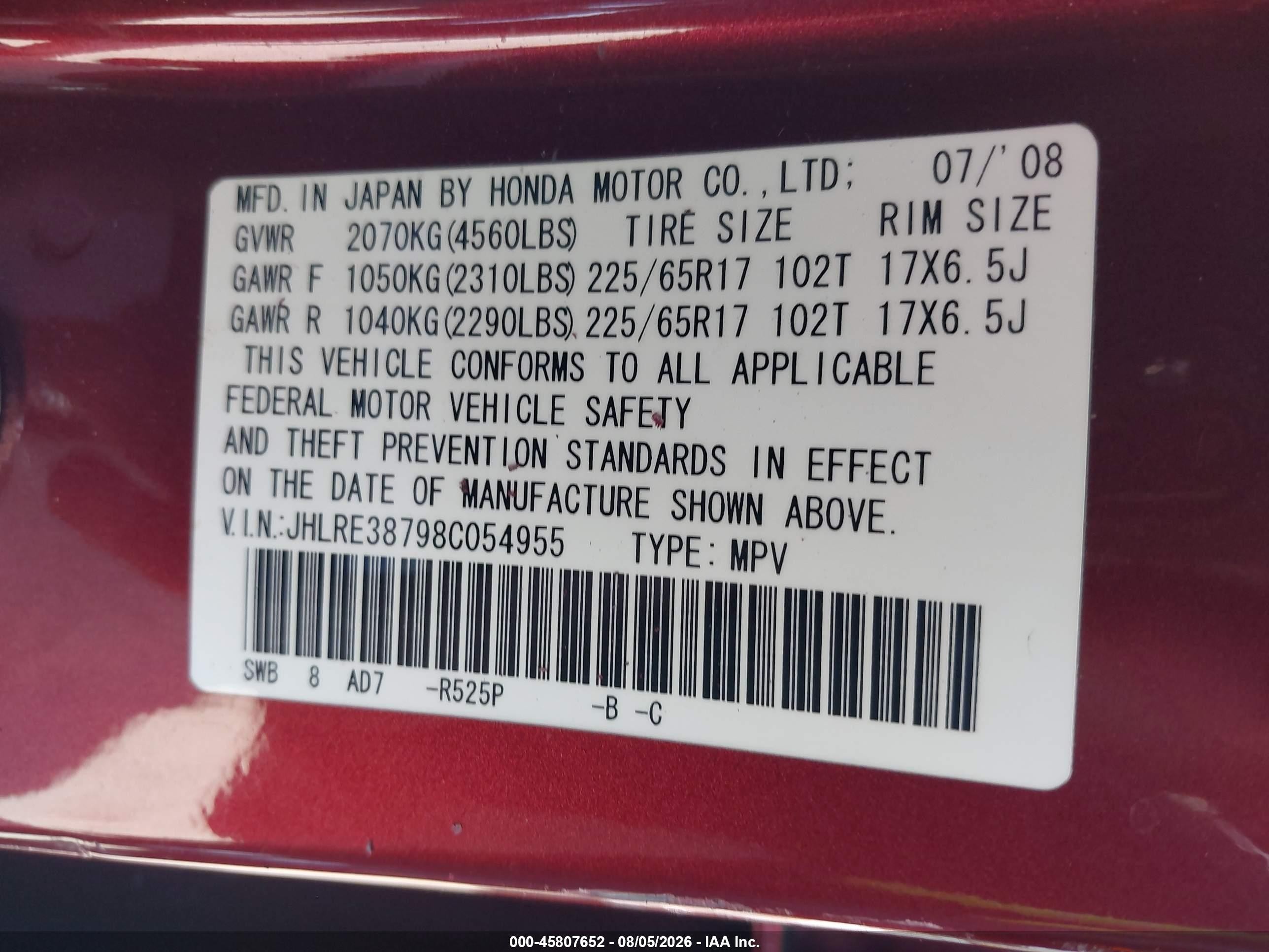 2008 Honda Cr-v Ex-l Red vin: JHLRE38798C054955