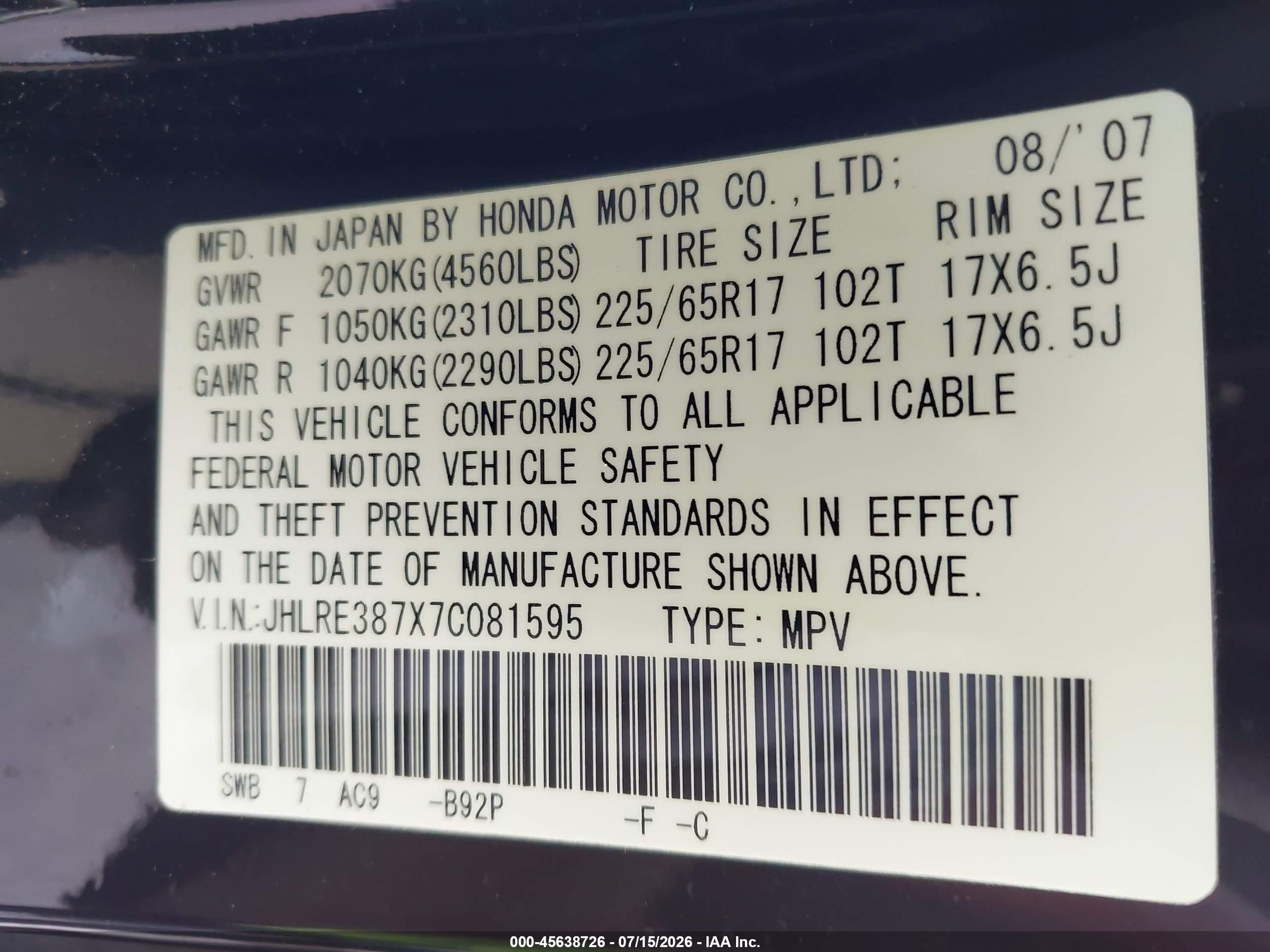 2007 Honda Cr-v Ex-l Black vin: JHLRE387X7C081595