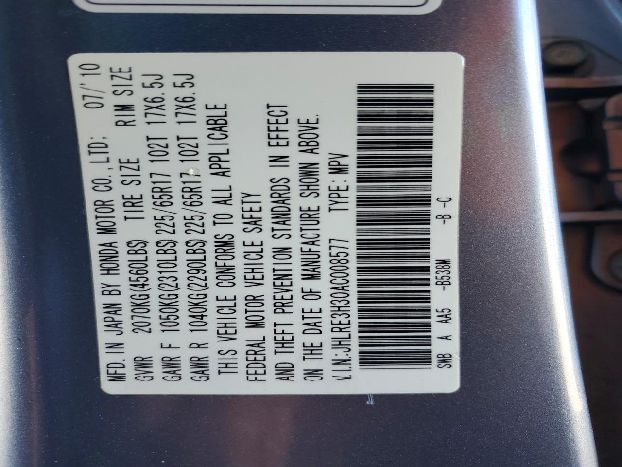 2010 Honda Cr-v Lx Blue vin: JHLRE3H30AC008577