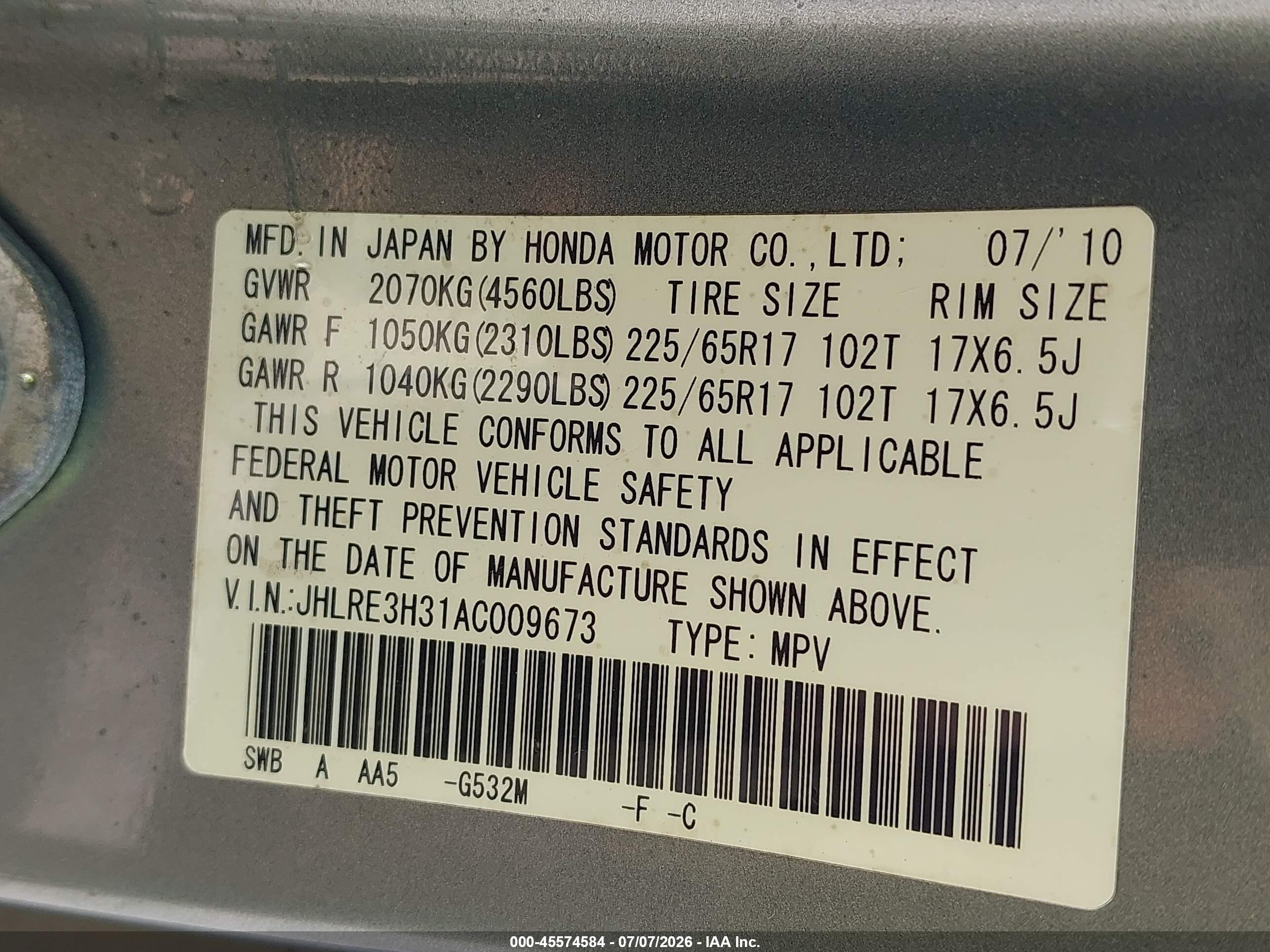 2010 Honda Cr-v Lx Blue vin: JHLRE3H31AC009673