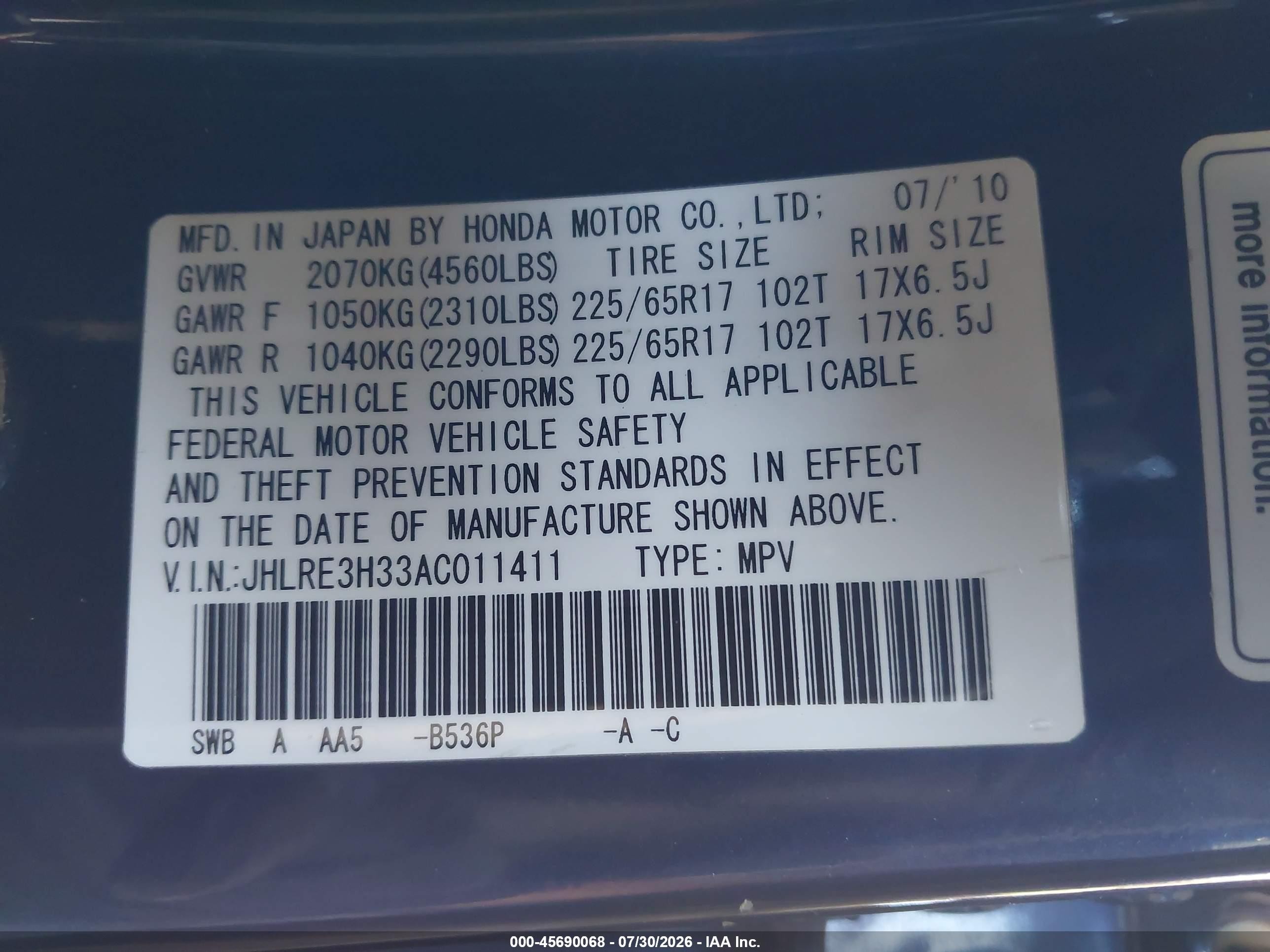 2010 Honda Cr-v Lx Blue vin: JHLRE3H33AC011411