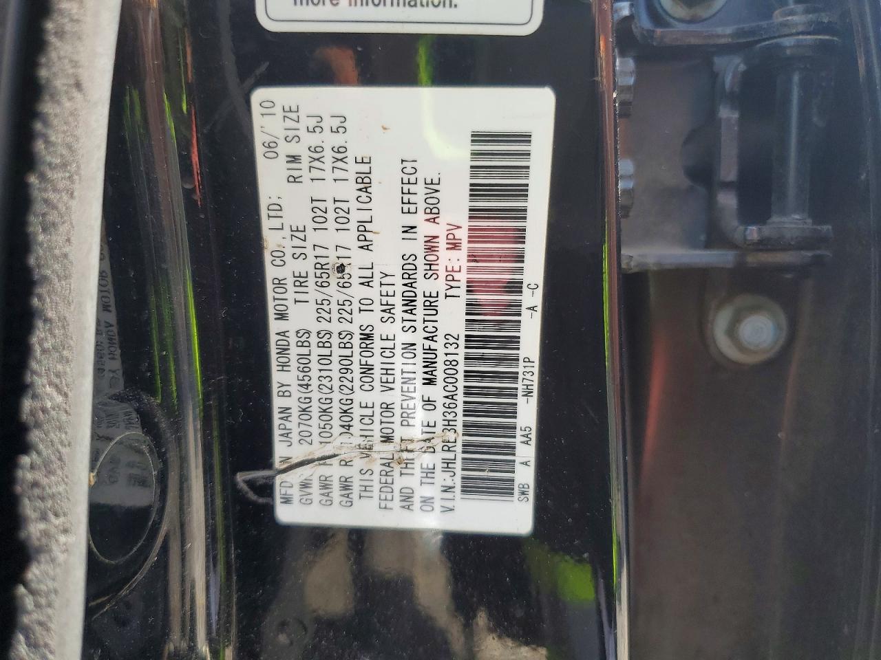 2010 Honda Cr-v Lx Black vin: JHLRE3H36AC008132
