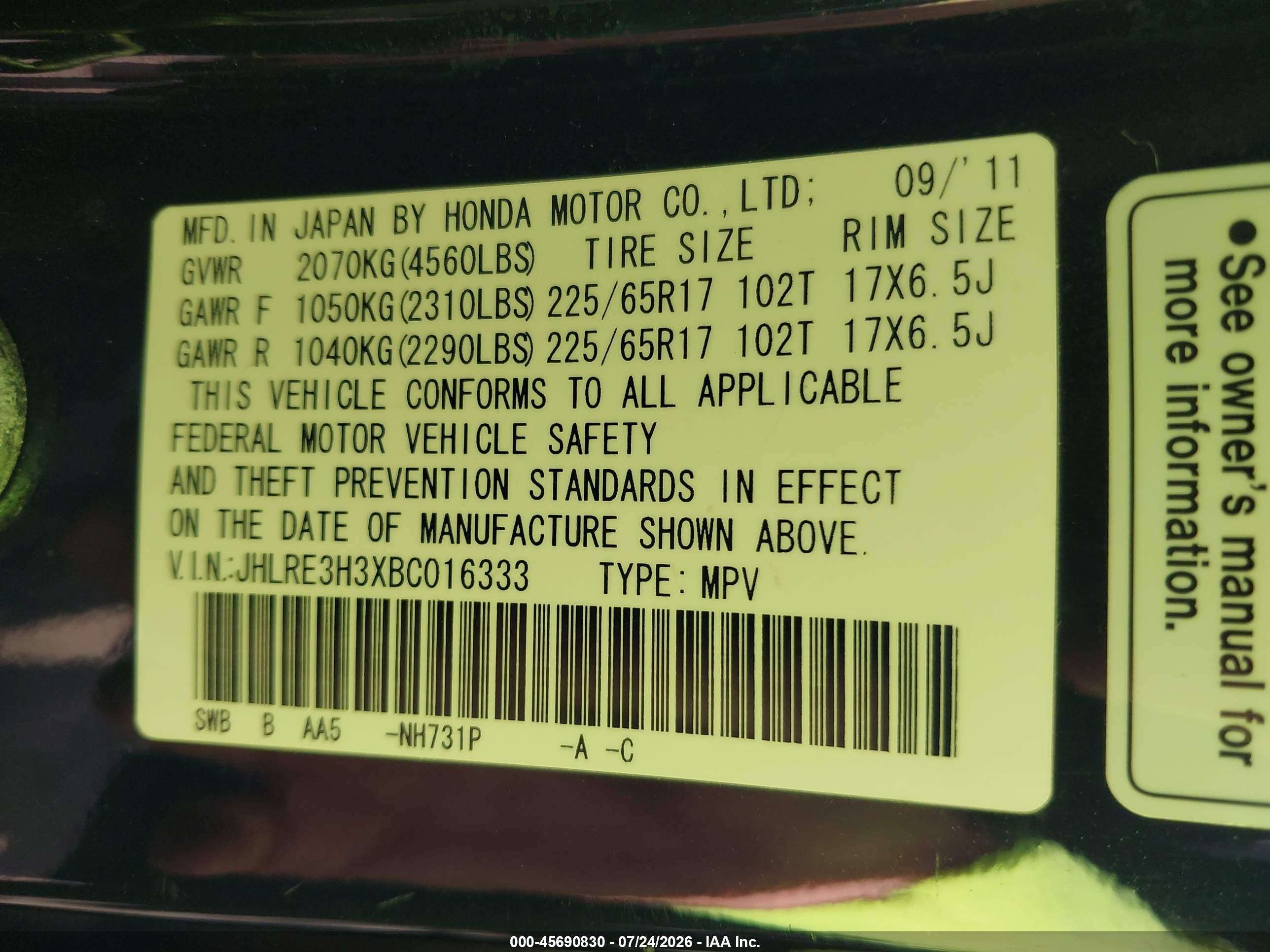 2011 Honda Cr-v Lx Black vin: JHLRE3H3XBC016333