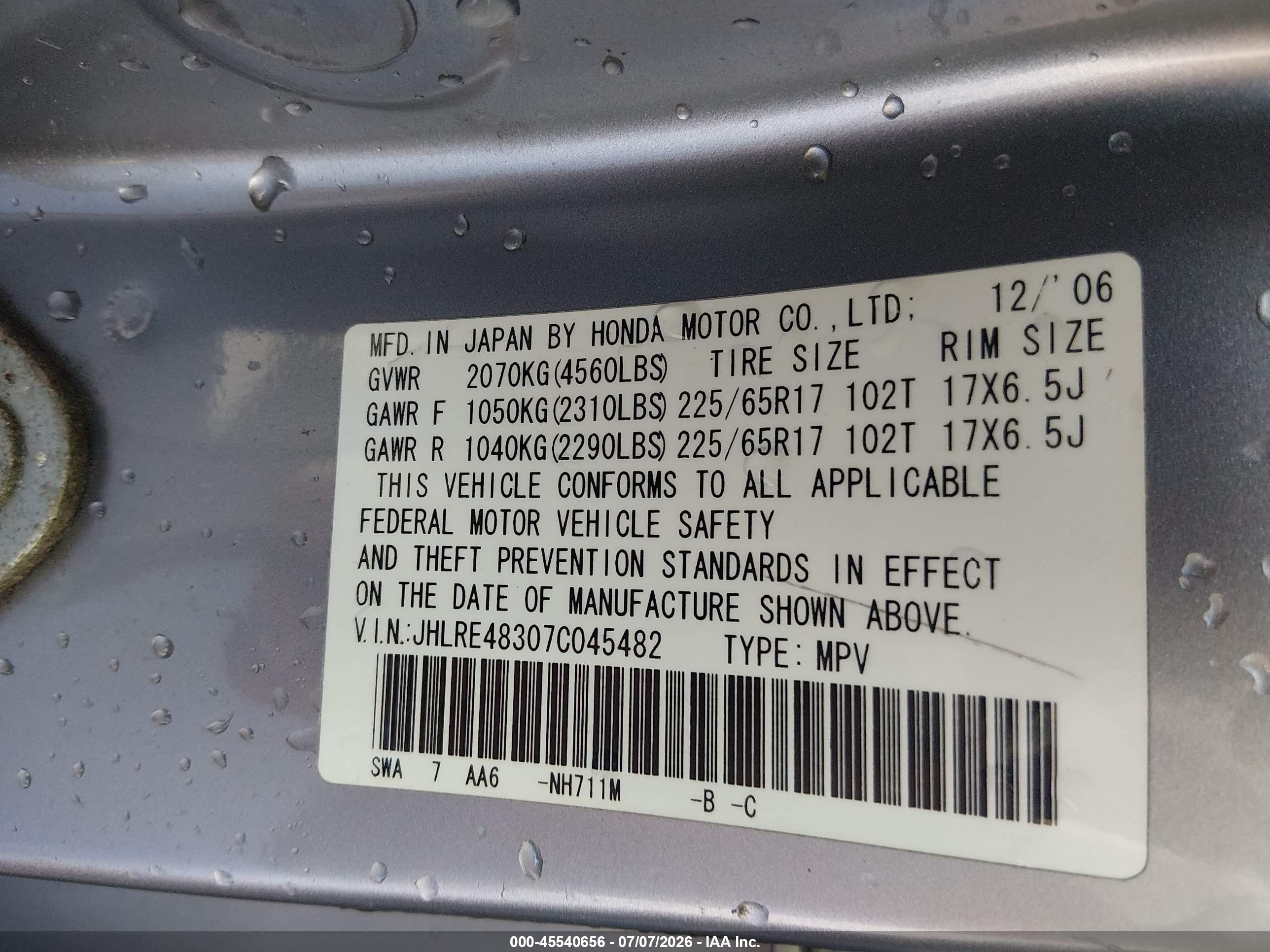 2007 Honda Cr-v Lx Silver vin: JHLRE48307C045482