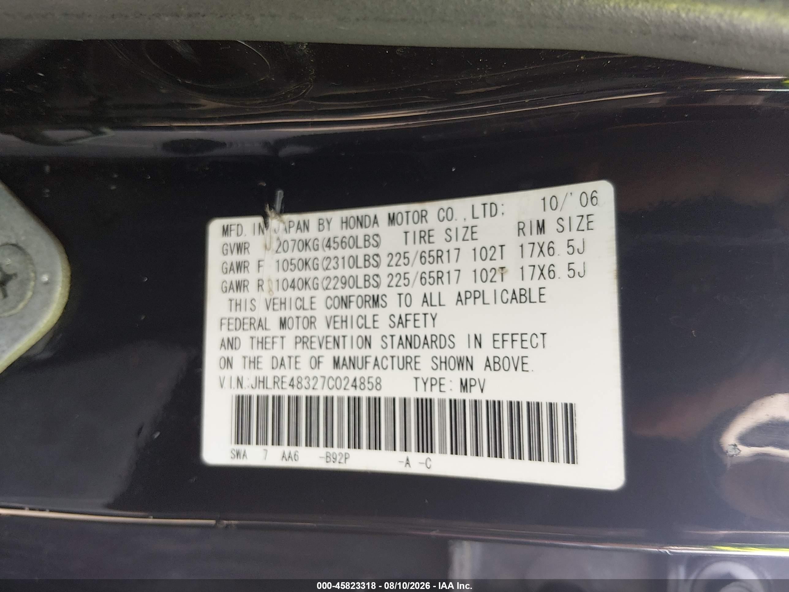 2007 Honda Cr-v Lx Black vin: JHLRE48327C024858