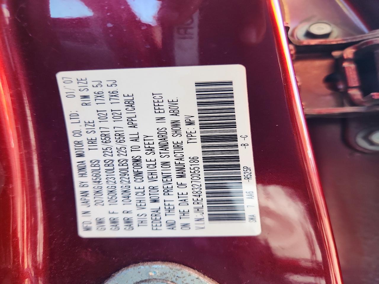 2007 Honda Cr-v Lx Red vin: JHLRE48327C055186