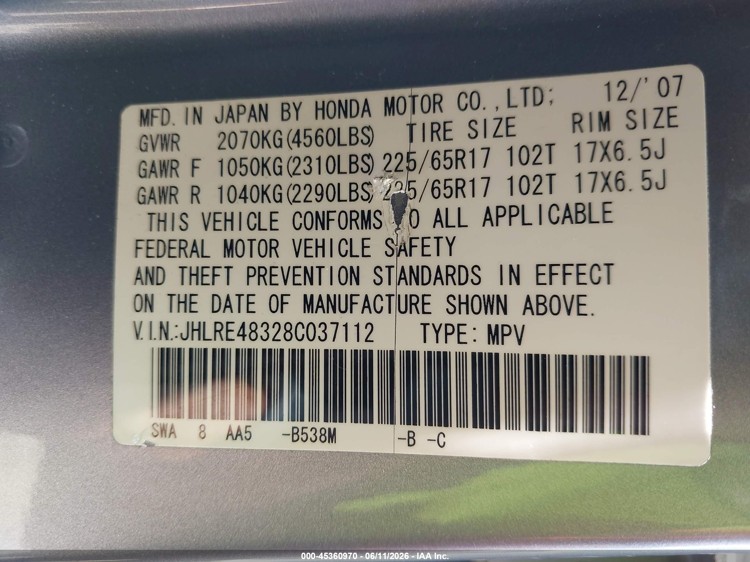 2008 Honda Cr-v Lx Light Blue vin: JHLRE48328C037112