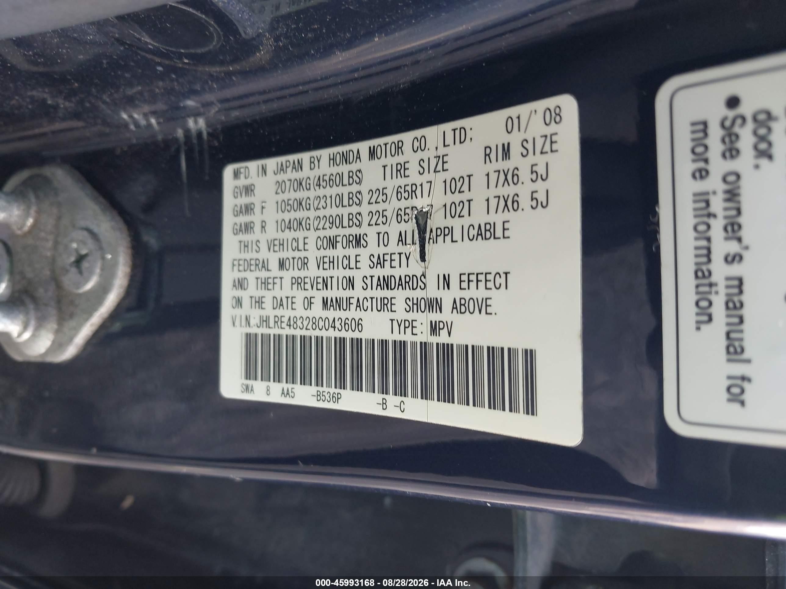 2008 Honda Cr-v Lx Blue vin: JHLRE48328C043606
