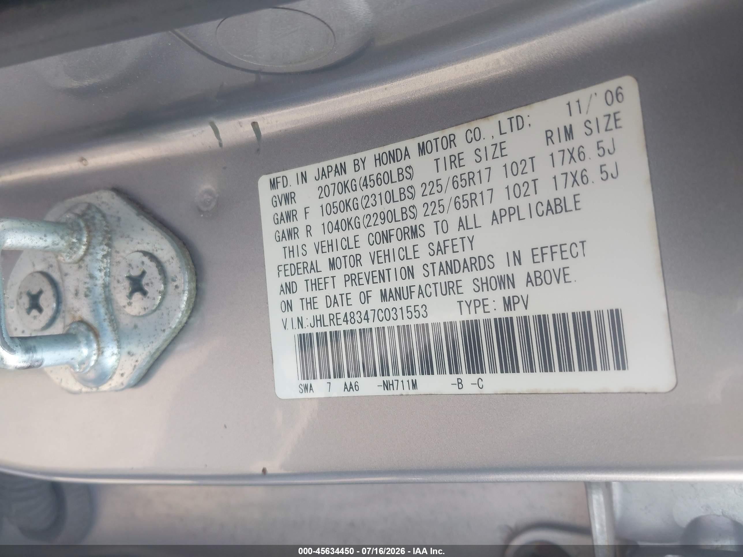 2007 Honda Cr-v Lx Silver vin: JHLRE48347C031553