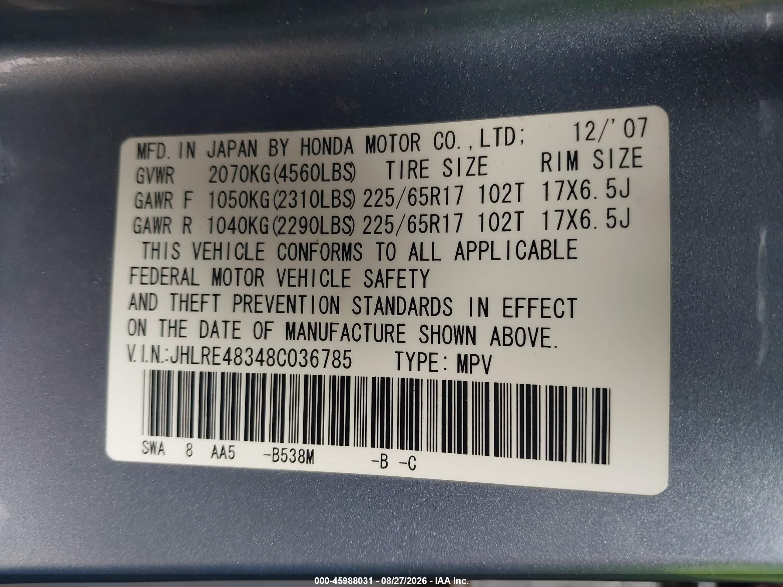 2008 Honda Cr-v Lx Blue vin: JHLRE48348C036785