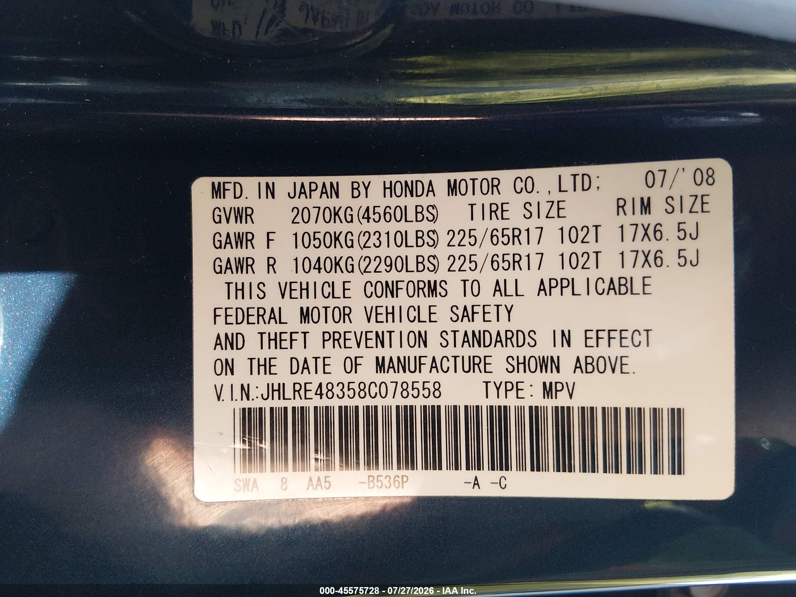 2008 Honda Cr-v Lx Blue vin: JHLRE48358C078558