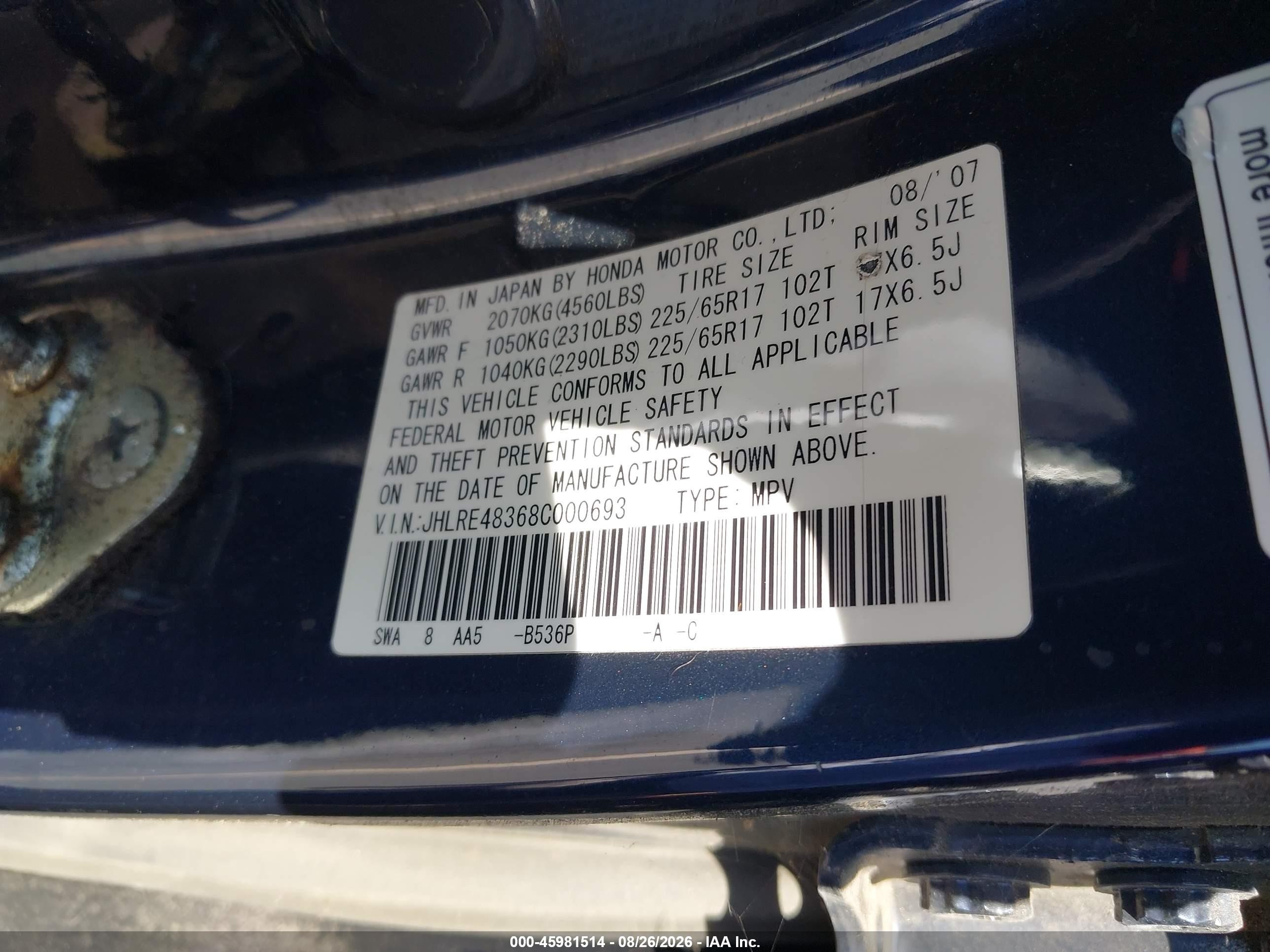 2008 Honda Cr-v Lx Blue vin: JHLRE48368C000693