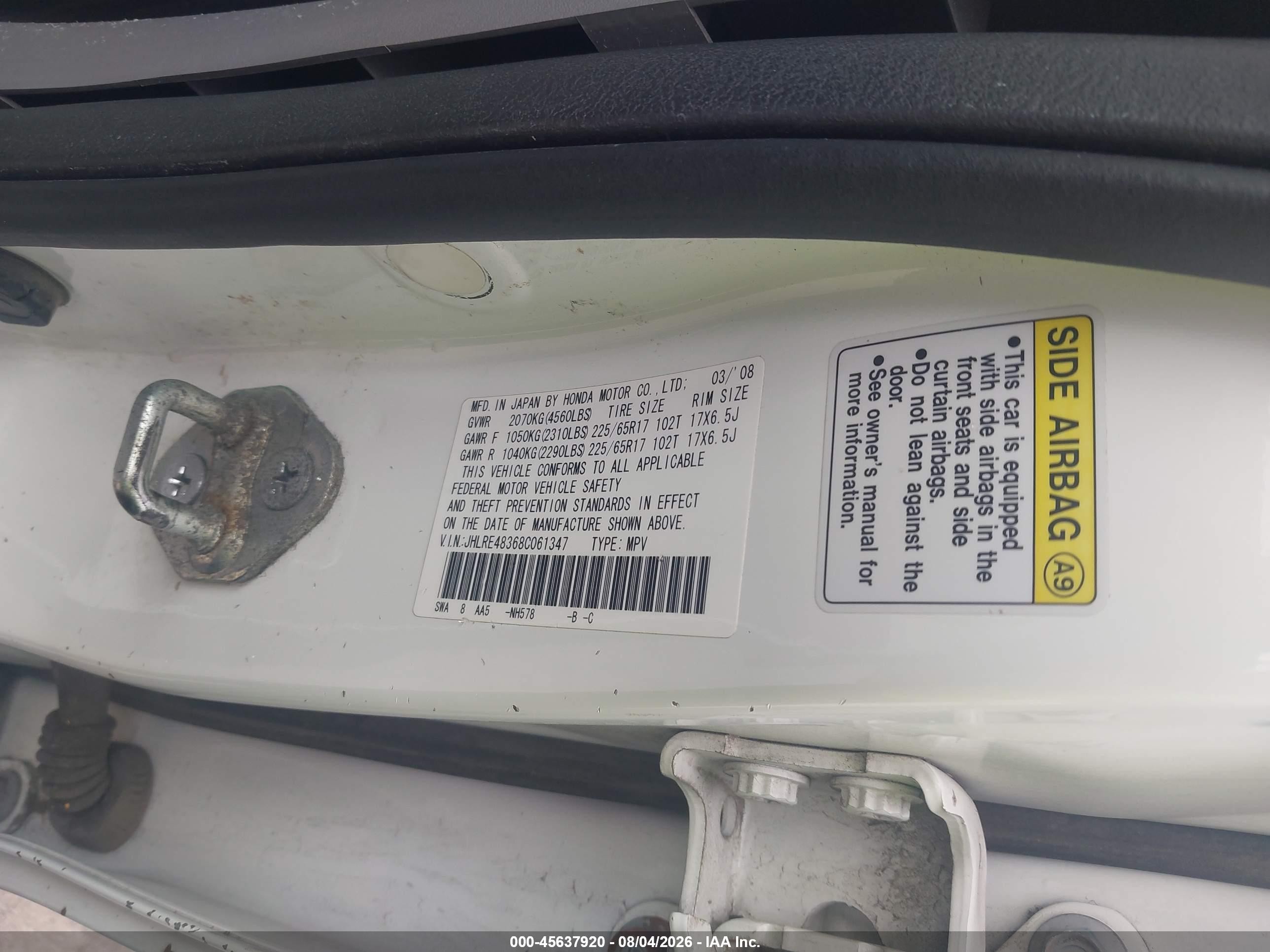 2008 Honda Cr-v Lx White vin: JHLRE48368C061347