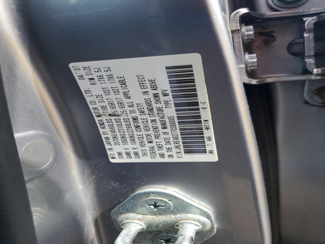 2007 Honda Cr-v Lx Silver vin: JHLRE48377C088085