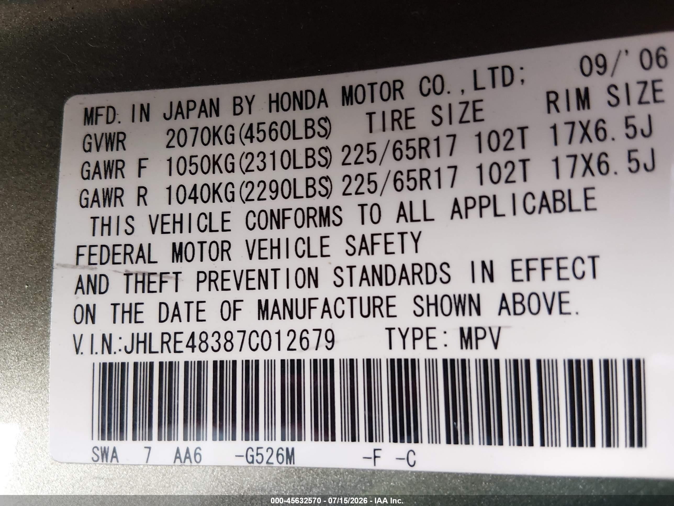 2007 Honda Cr-v Lx Green vin: JHLRE48387C012679