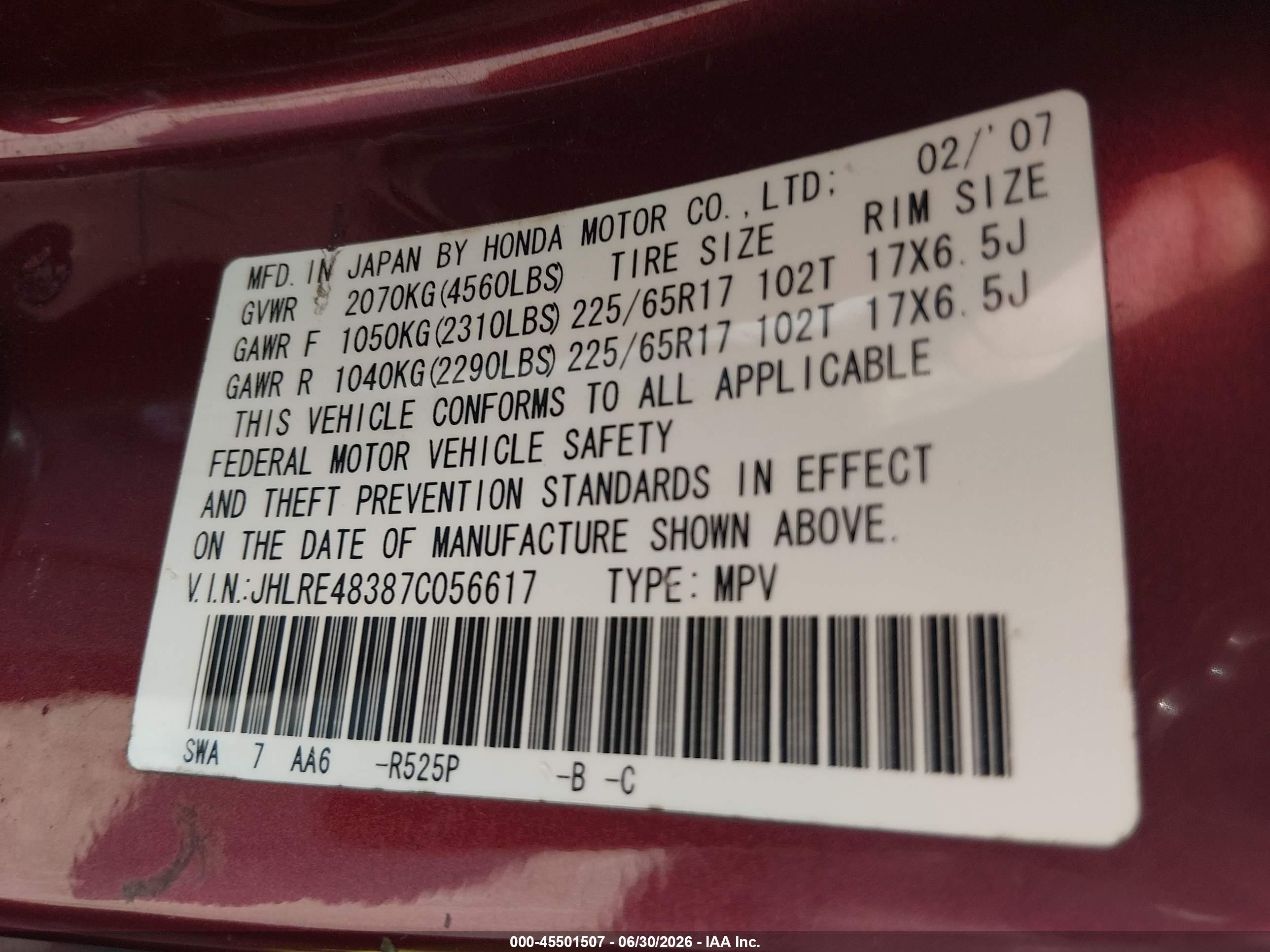 2007 Honda Cr-v Lx Red vin: JHLRE48387C056617