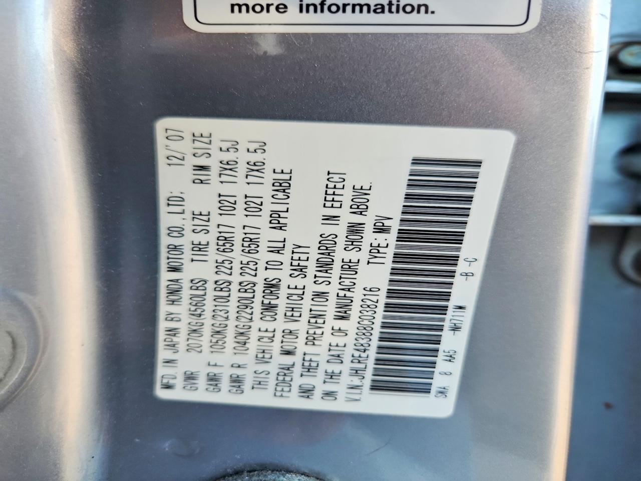 2008 Honda Cr-v Lx Silver vin: JHLRE48388C038216