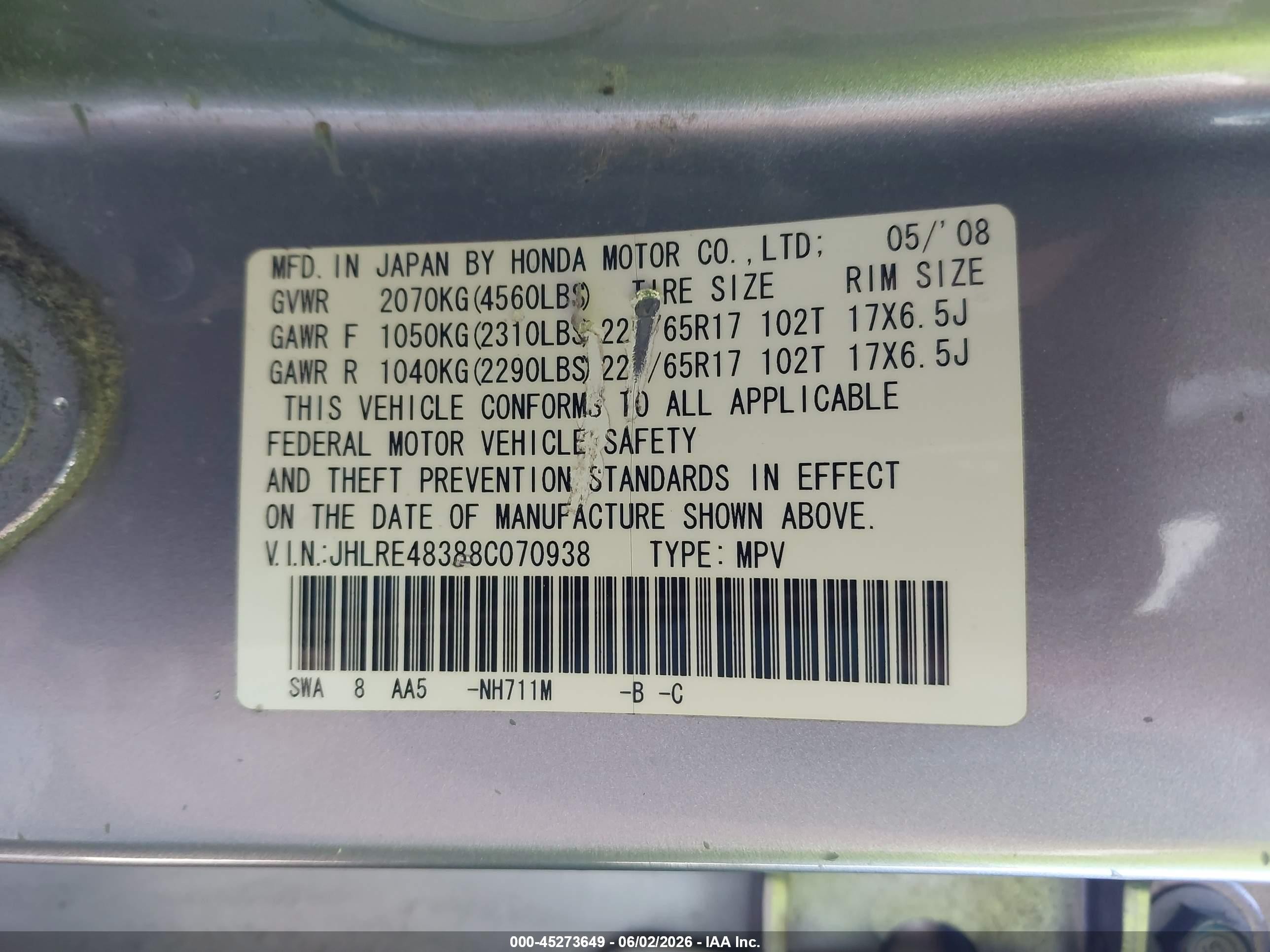 2008 Honda Cr-v Lx Silver vin: JHLRE48388C070938