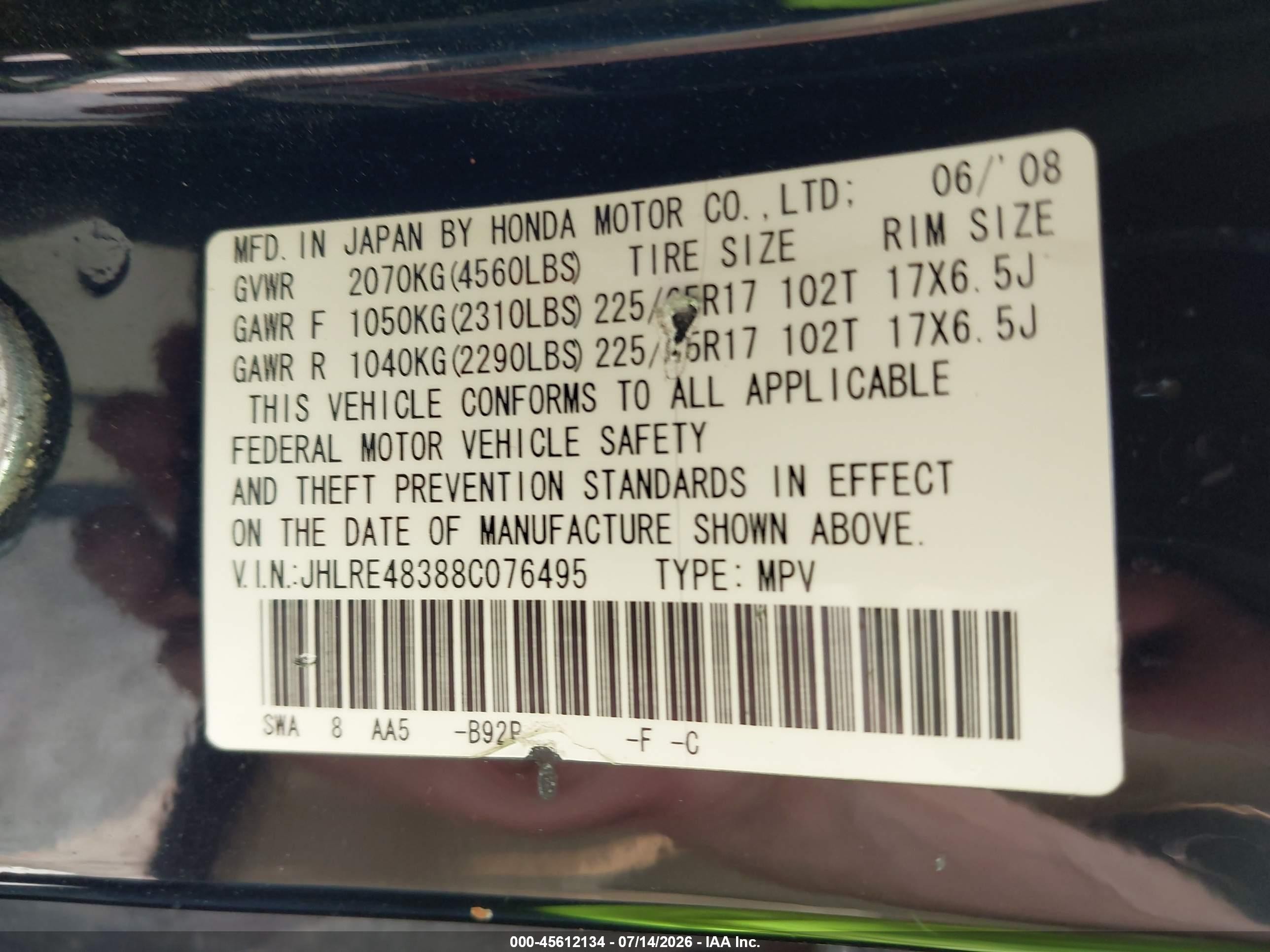 2008 Honda Cr-v Lx Black vin: JHLRE48388C076495