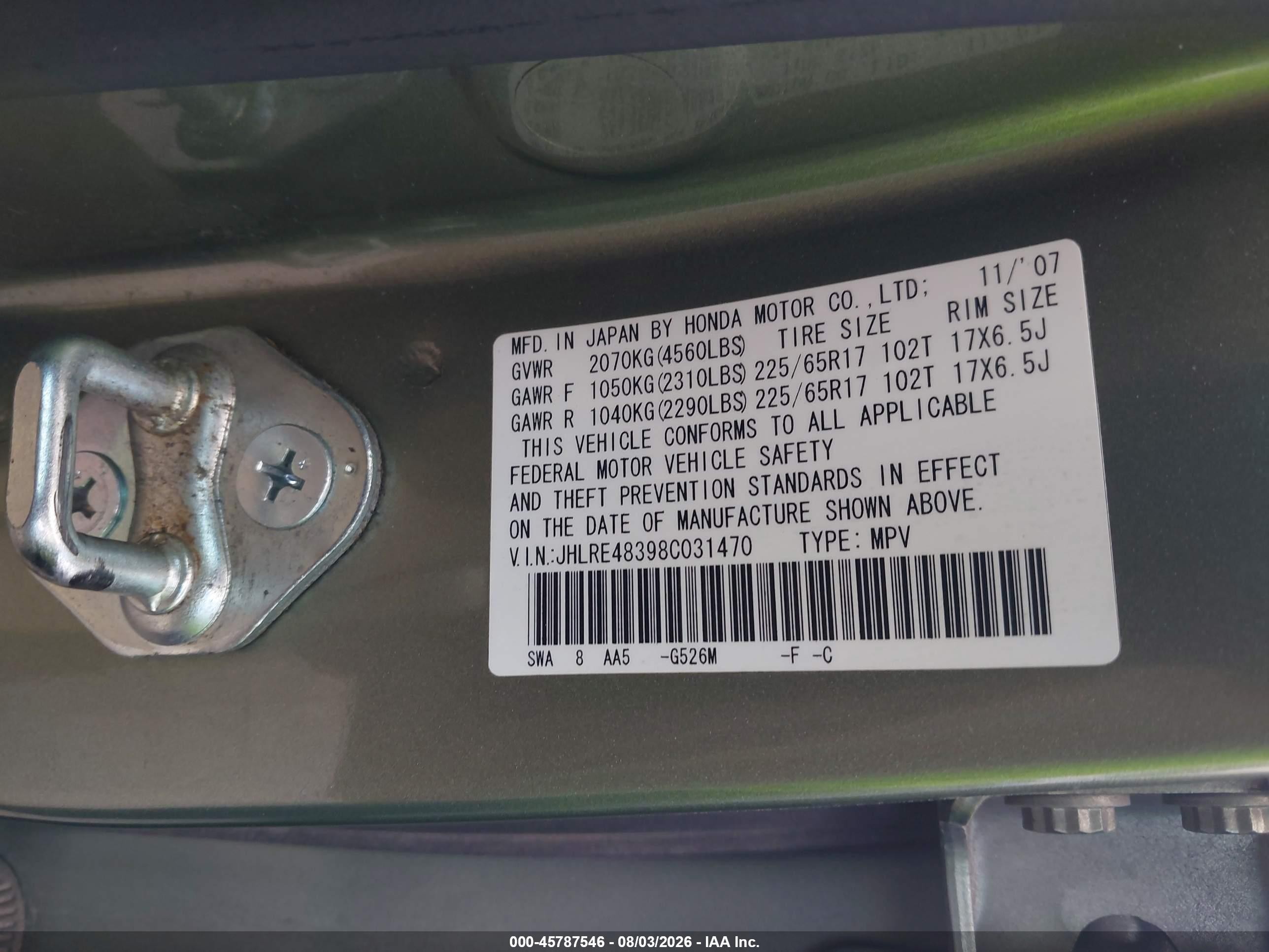 2008 Honda Cr-v Lx Green vin: JHLRE48398C031470