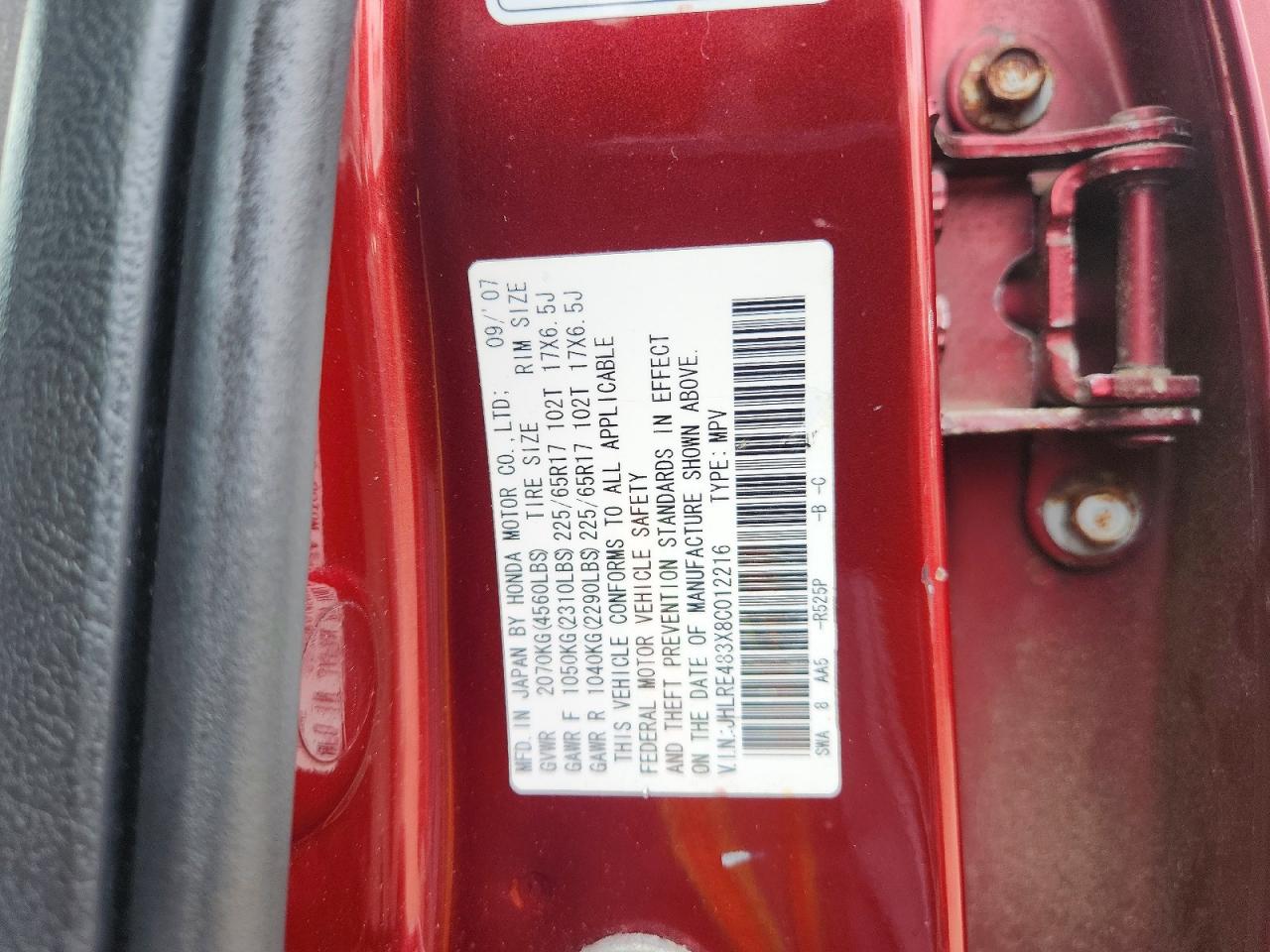 2008 Honda Cr-v Lx Burgundy vin: JHLRE483X8C012216