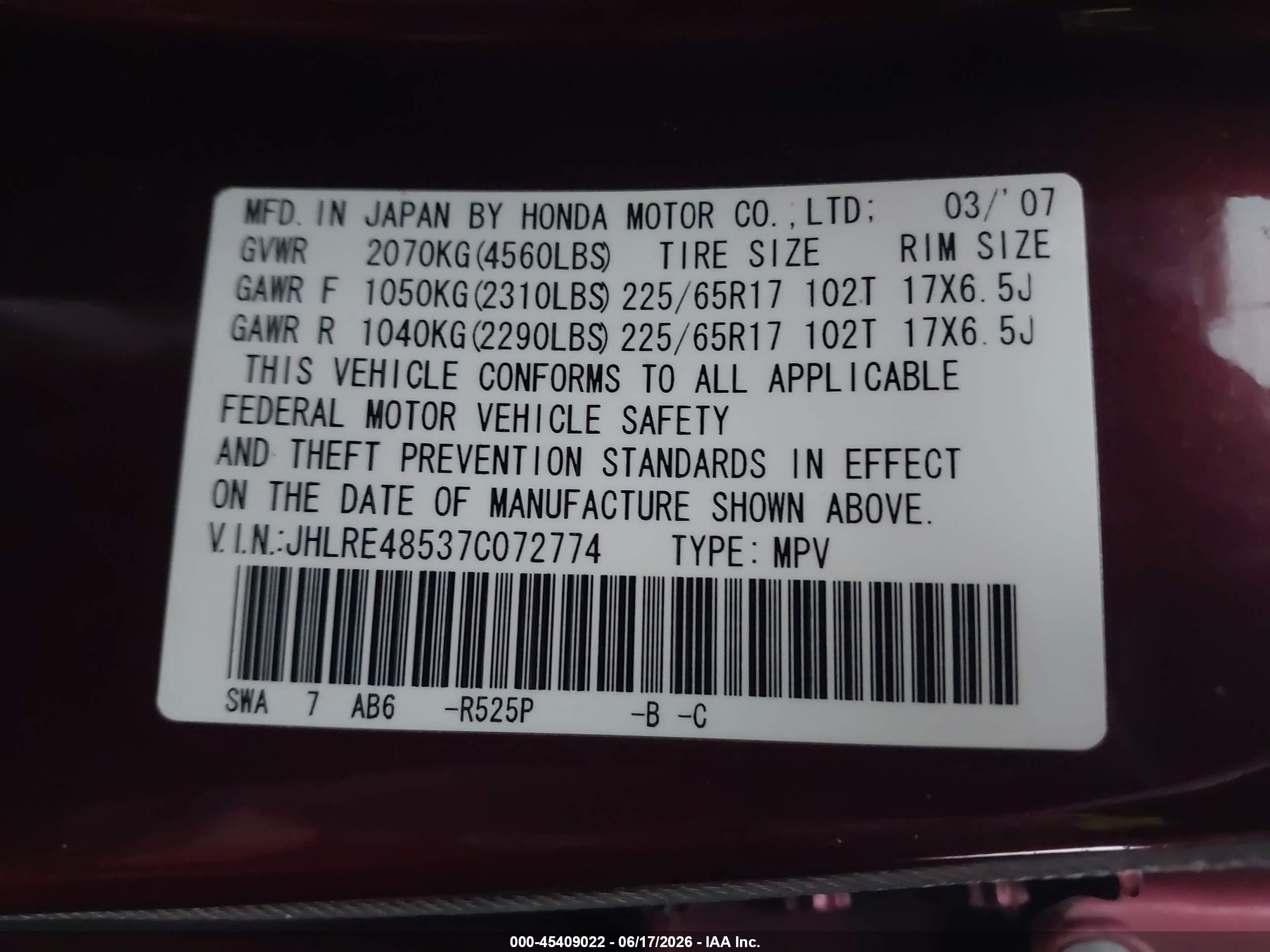 2007 Honda Cr-v Ex Red vin: JHLRE48537C072774