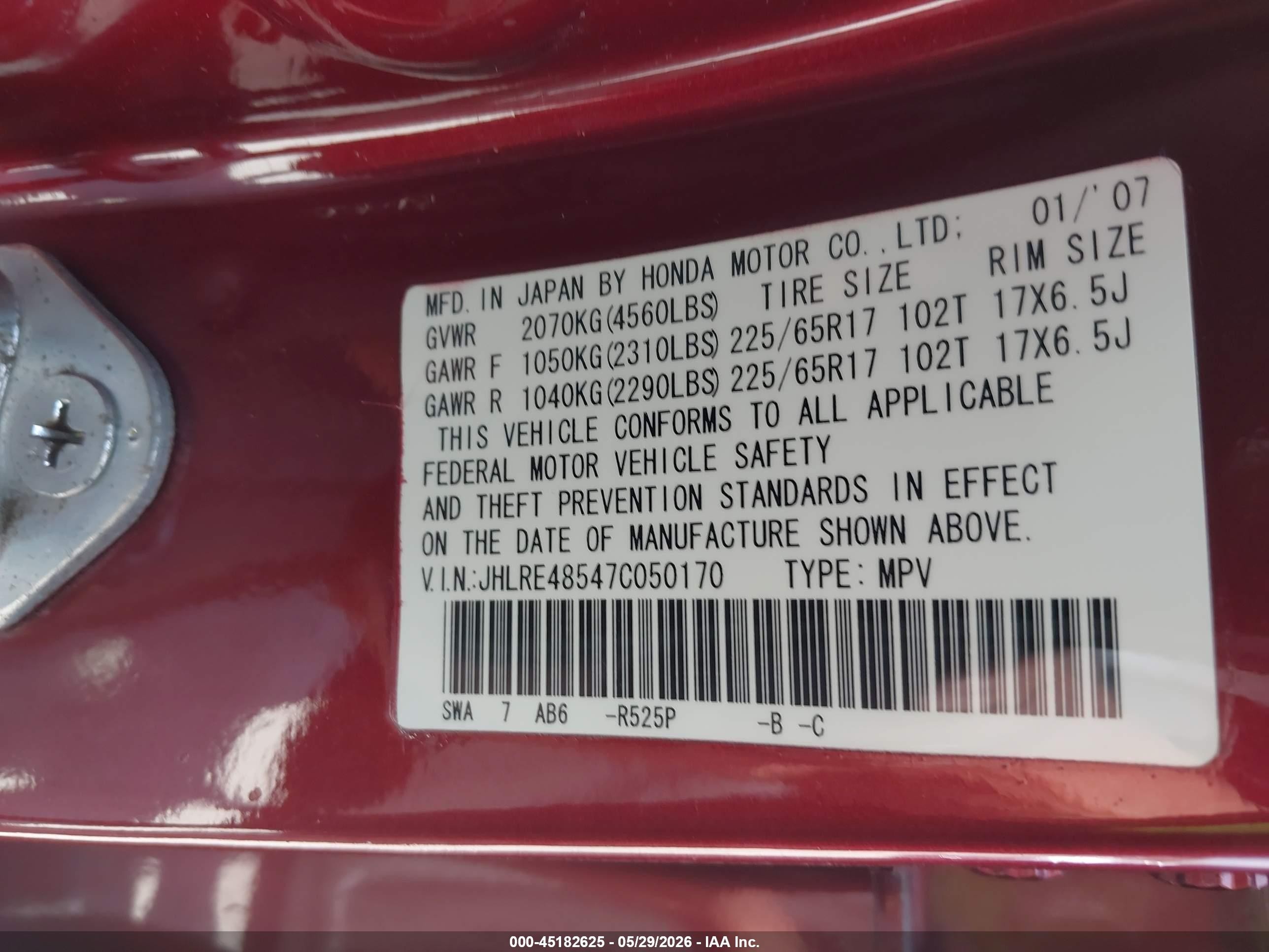 2007 Honda Cr-v Ex Red vin: JHLRE48547C050170