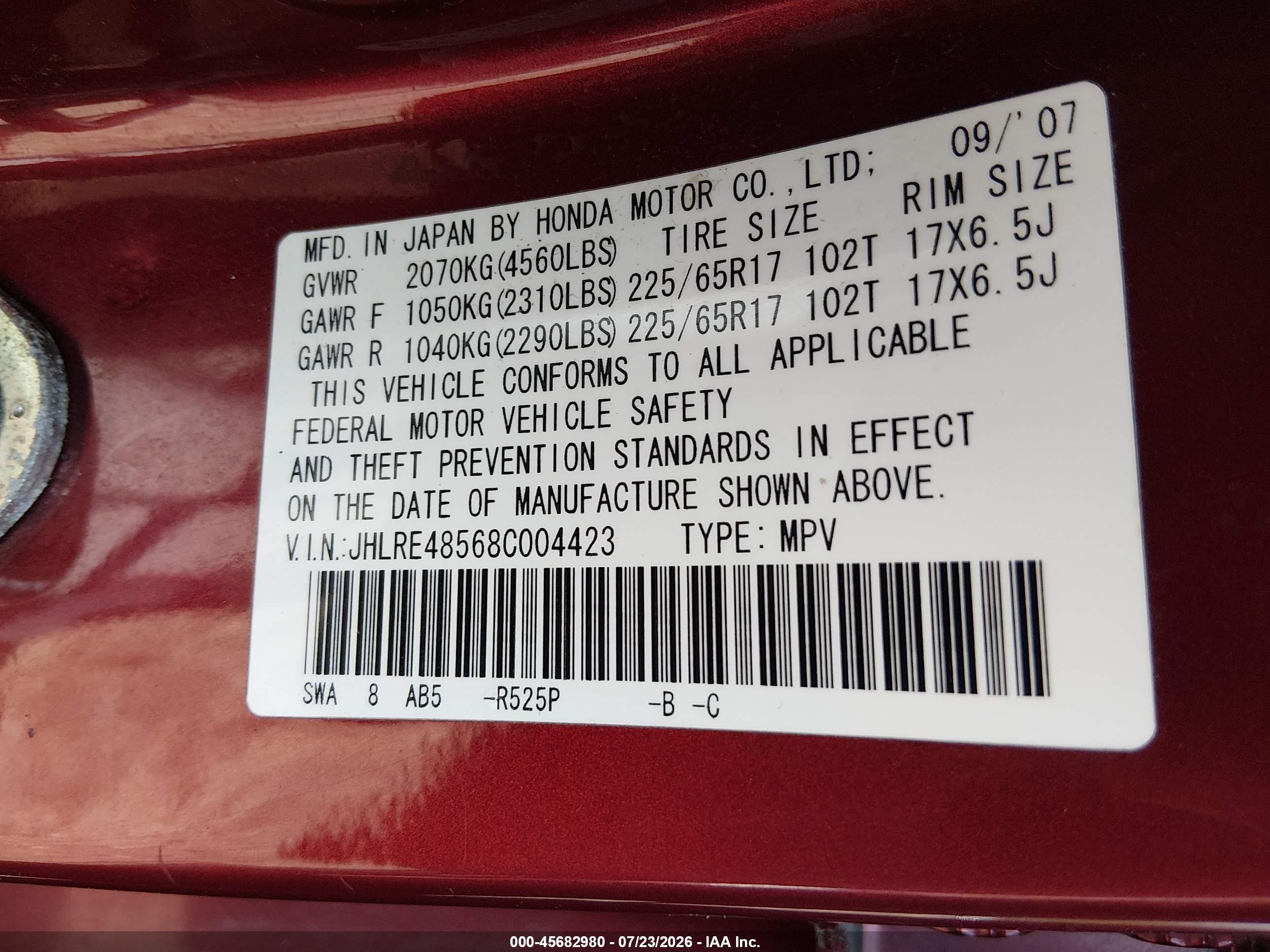 2008 Honda Cr-v Ex Red vin: JHLRE48568C004423
