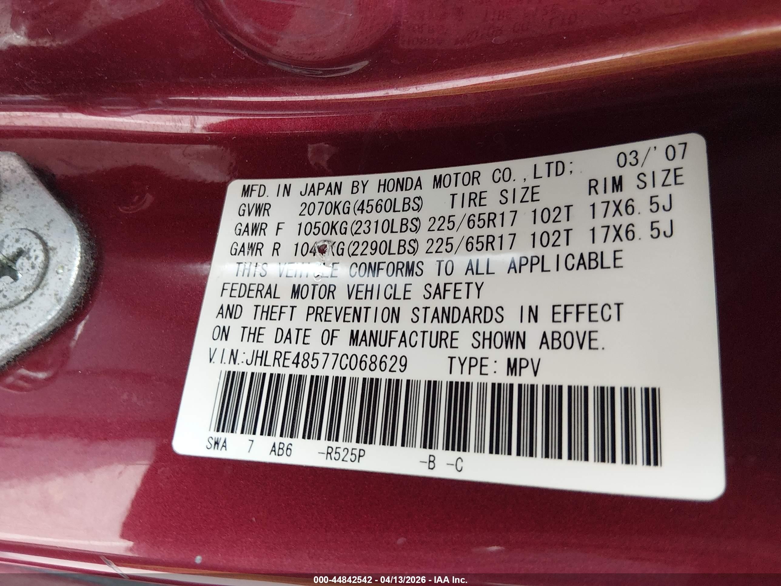2007 Honda Cr-v Ex Red vin: JHLRE48577C068629
