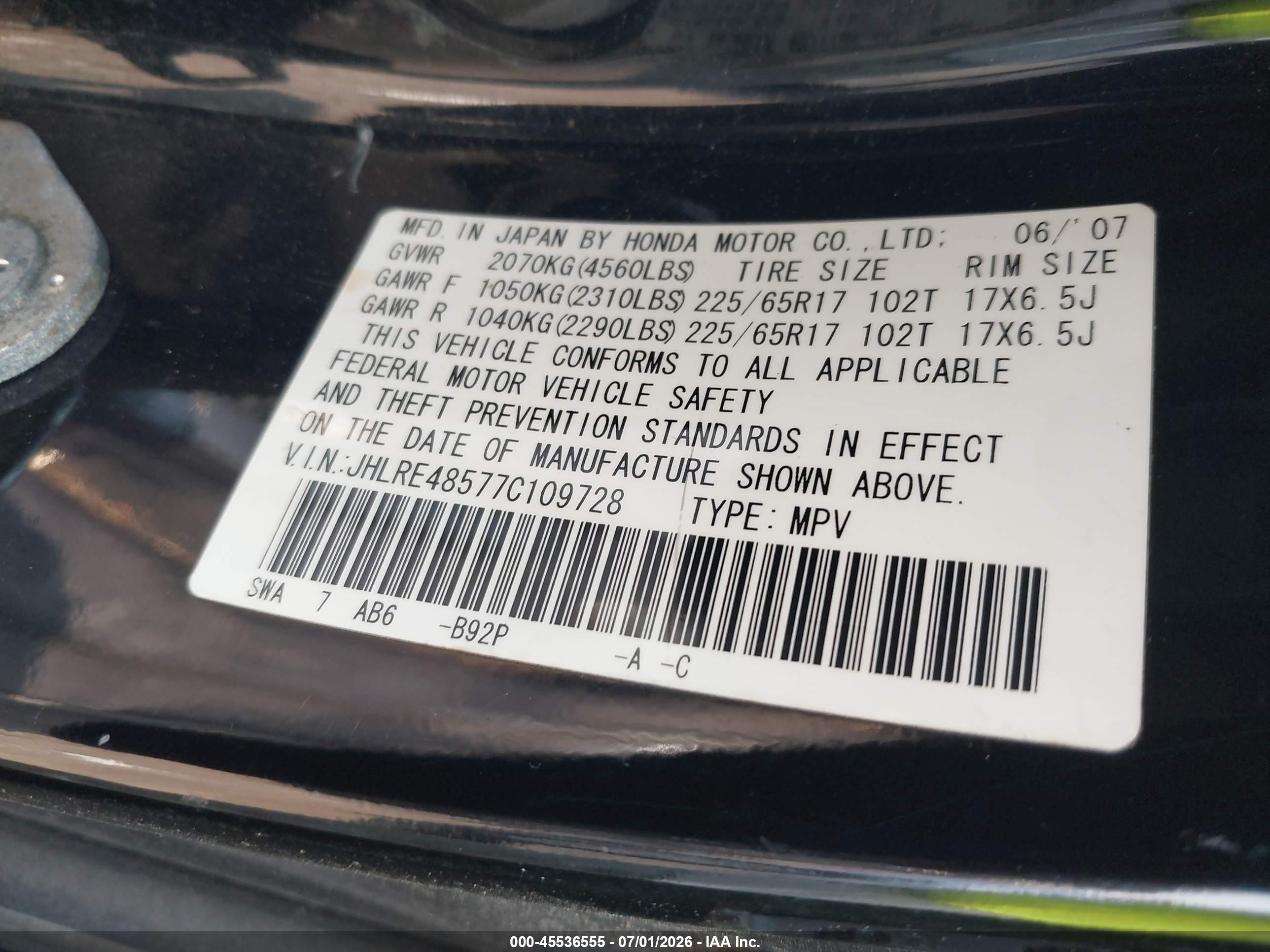 2007 Honda Cr-v Ex Black vin: JHLRE48577C109728