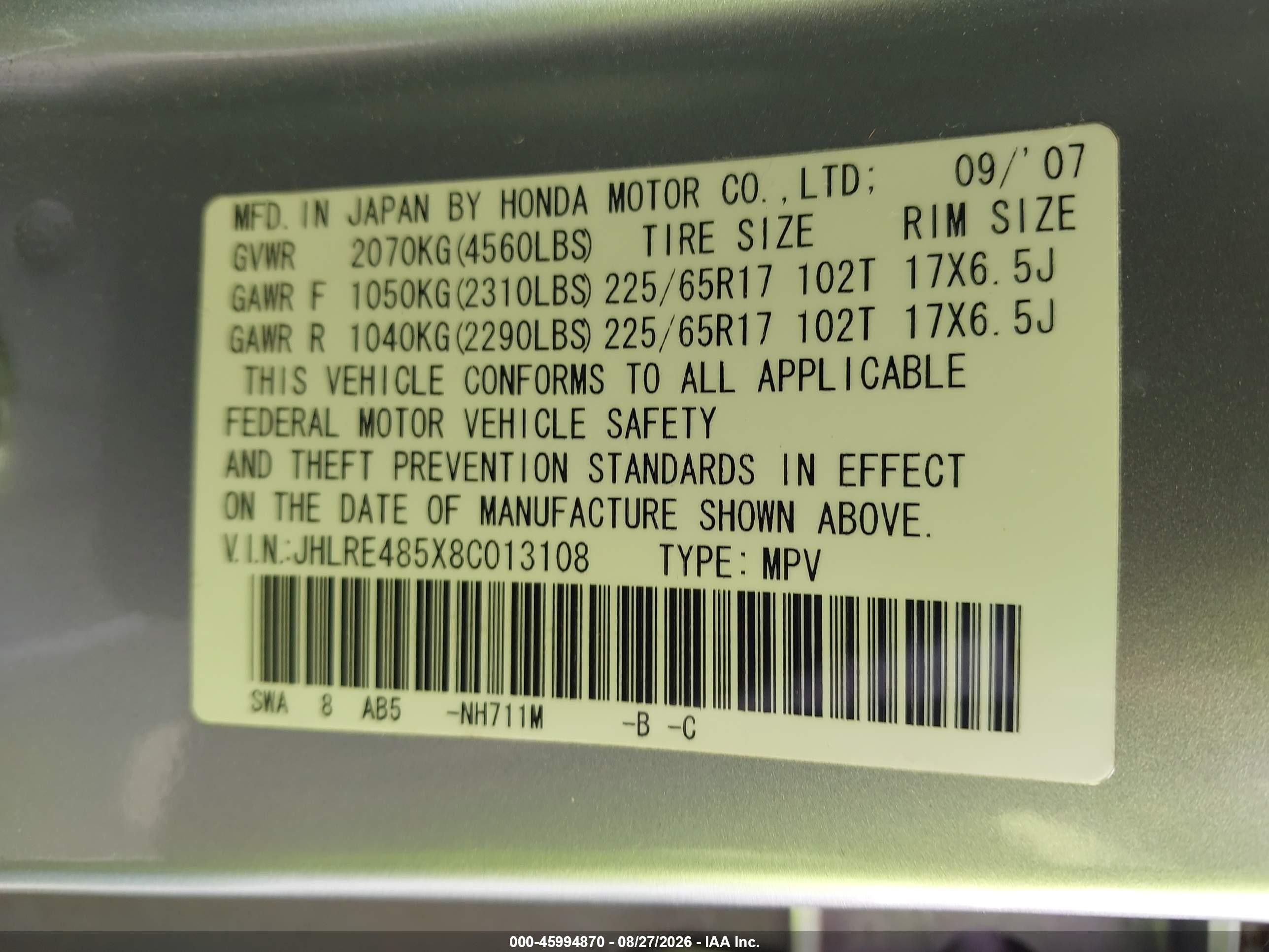 2008 Honda Cr-v Ex Silver vin: JHLRE485X8C013108