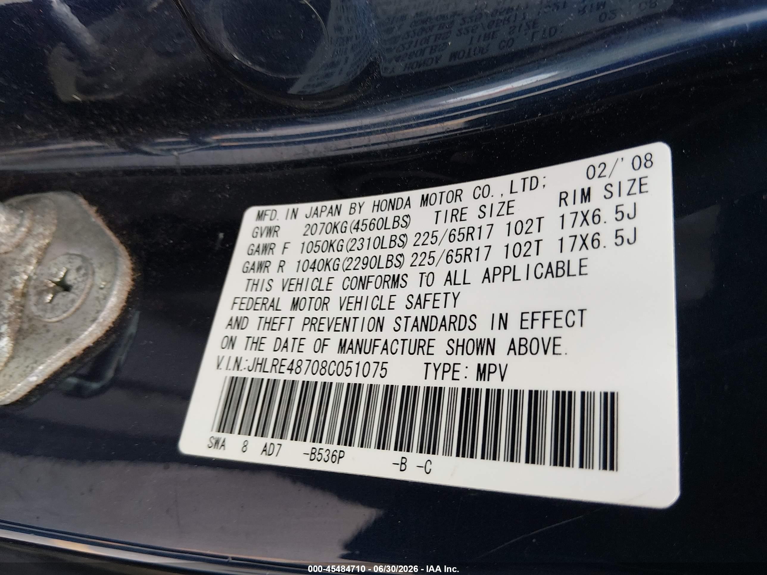2008 Honda Cr-v Ex-l Dark Blue vin: JHLRE48708C051075